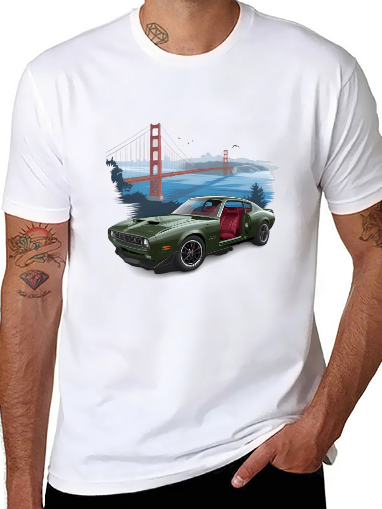Black Retro Car & Bridge T-Shirt - Unique Graphic Tee view 8