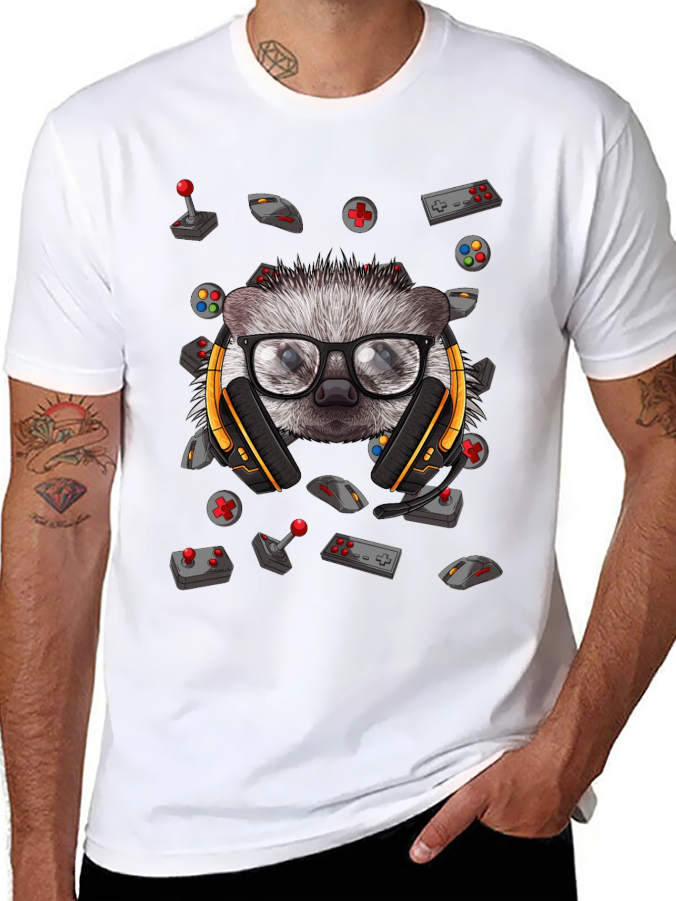 Black Gamer Hedgehog Graphic Tee - Black Cotton T-Shirt view 8