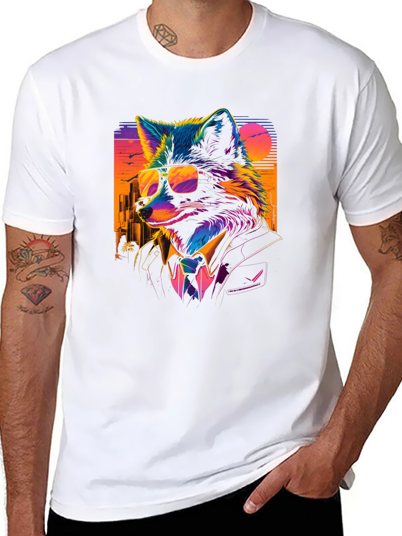 Black Cool Fox in Suit T-Shirt - Vibrant Graphic Tee view 8