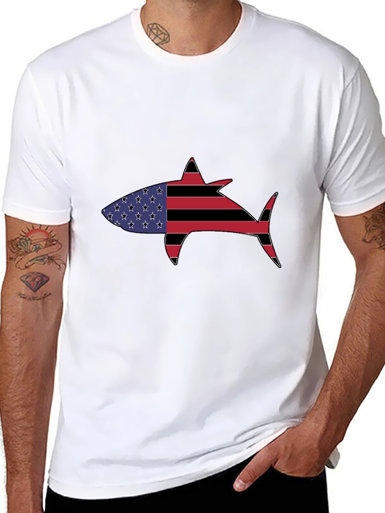 Black American Flag Shark Graphic T-Shirt view 8
