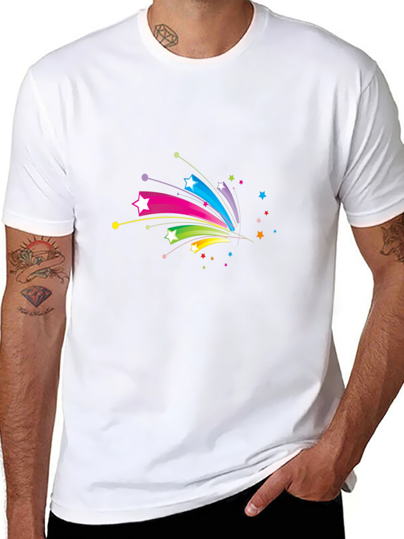 Black Men's Black T-Shirt with Colorful Star Graphic view 8