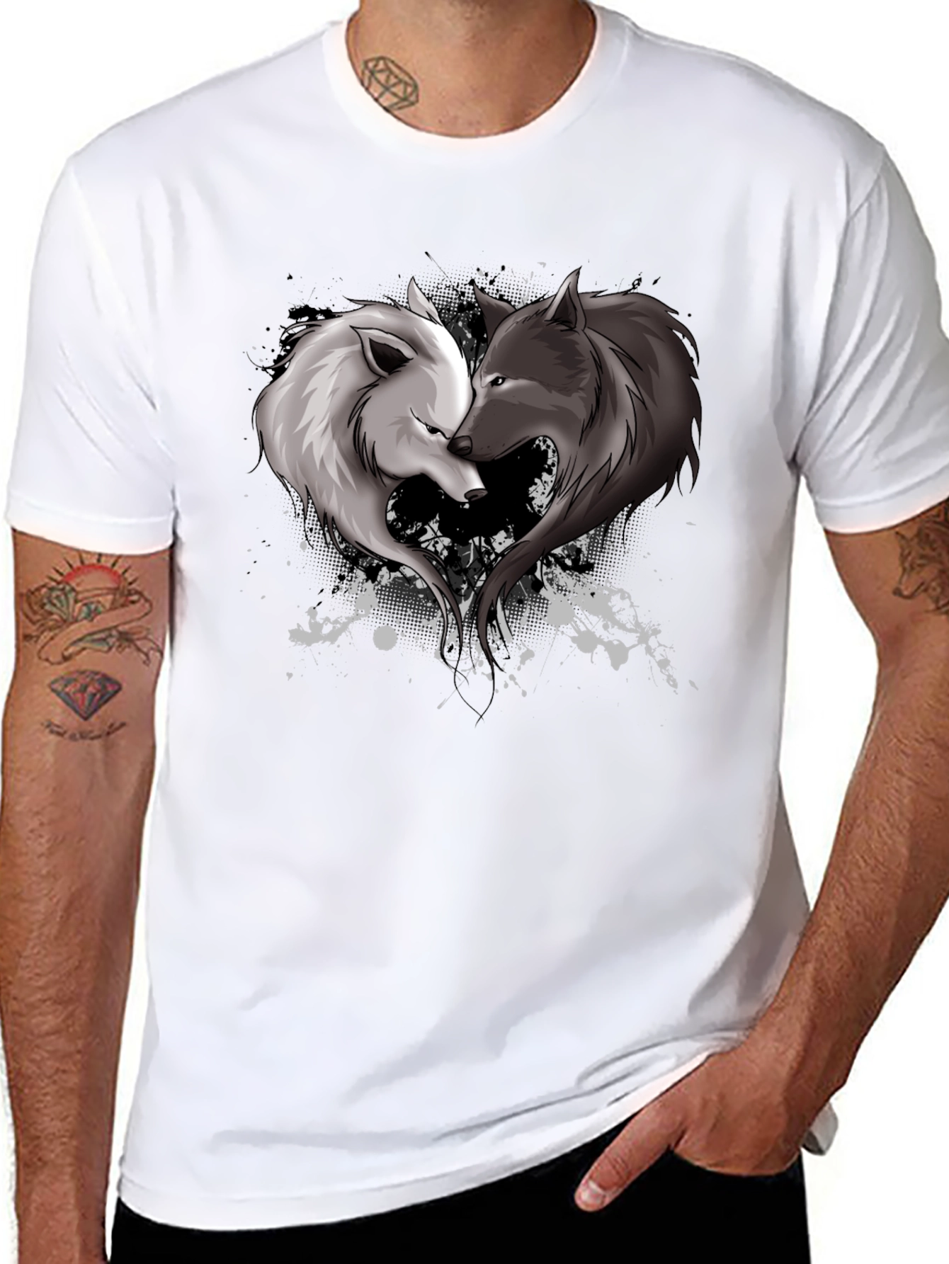 Black Yin Yang Wolves Heart Graphic T-Shirt view 8
