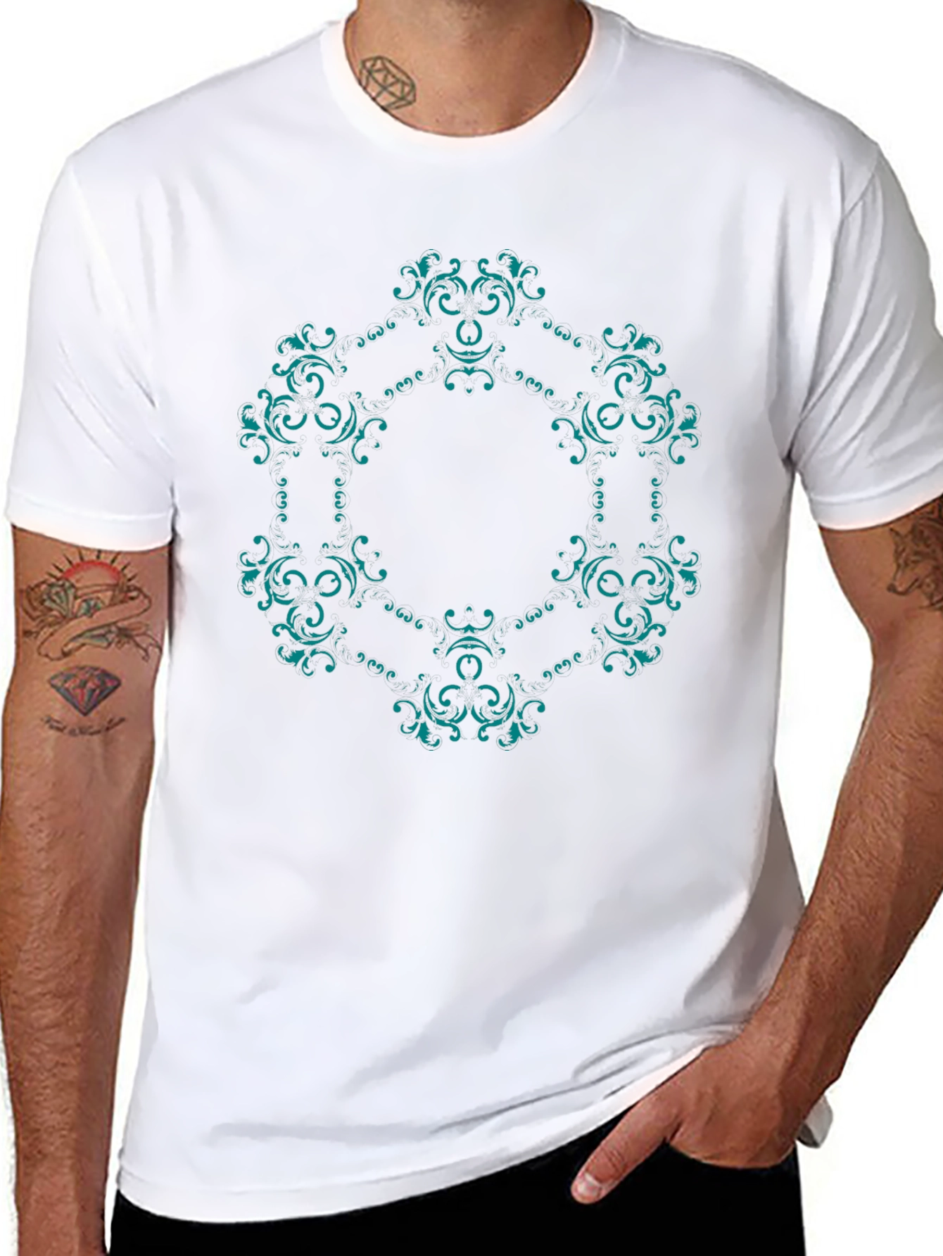 Black Ornate Teal Mandala Graphic Black T-Shirt view 8