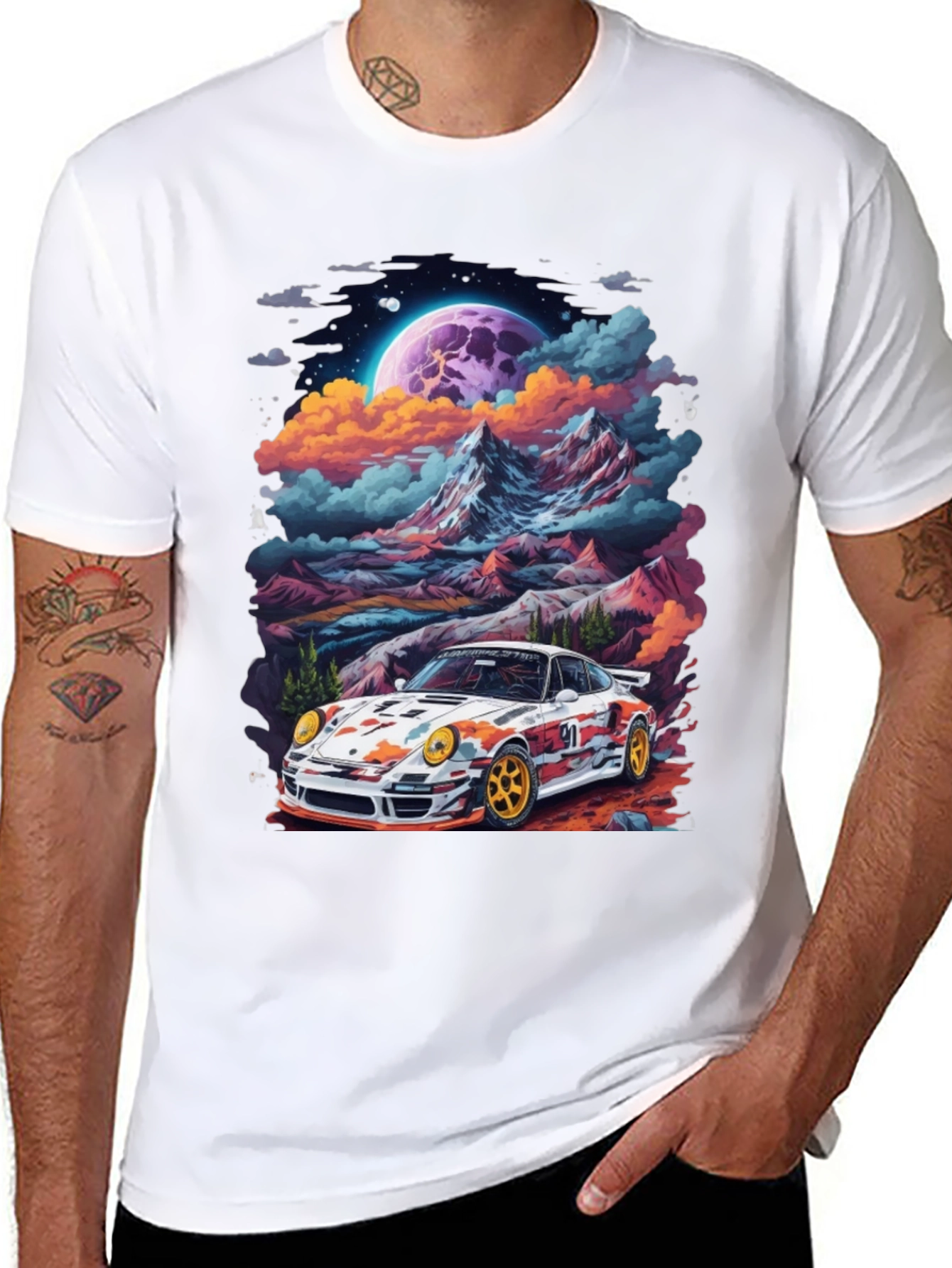 Black Retro Racer T-Shirt: Car & Mountain Design view 8