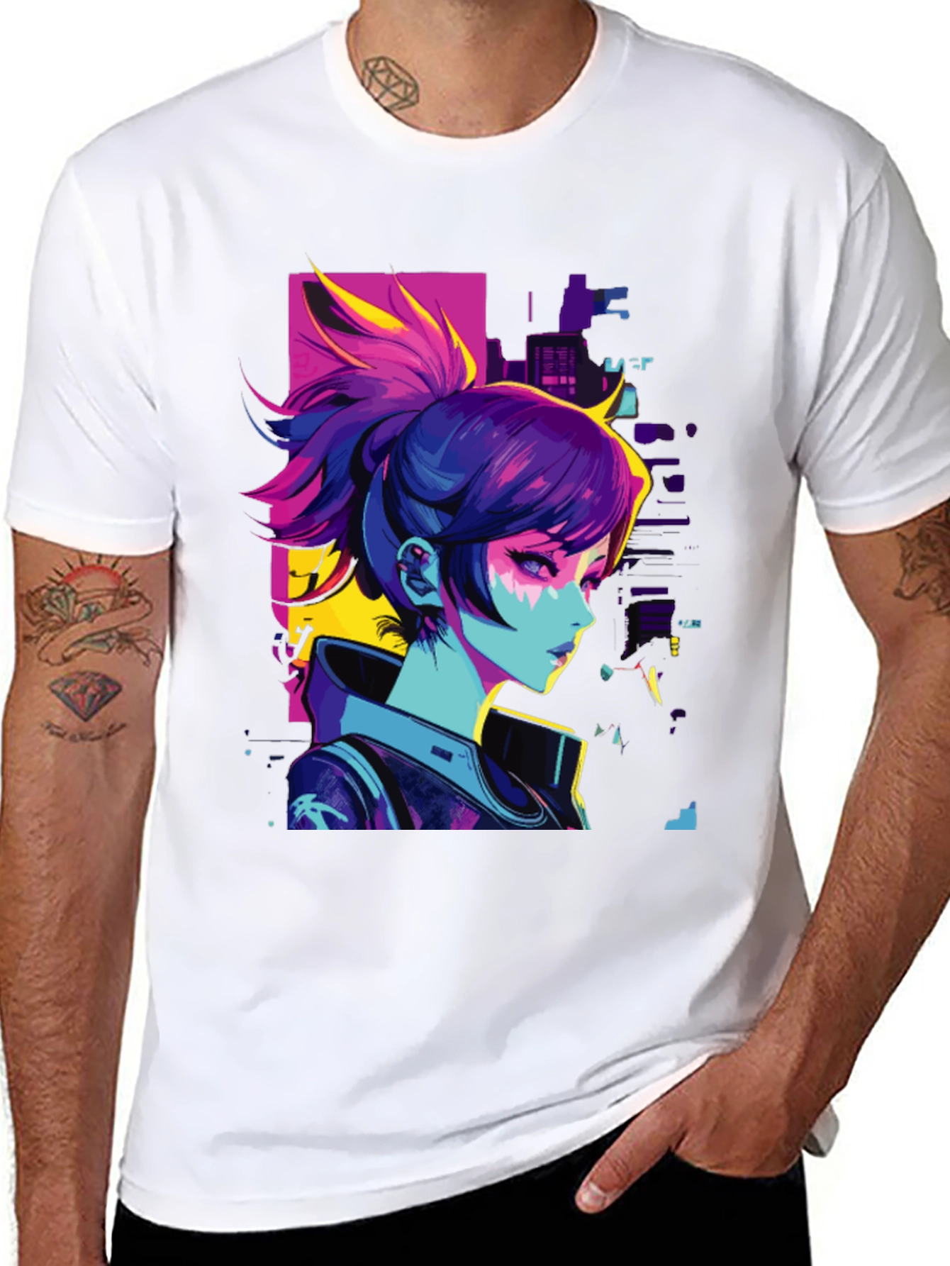 Black Cyberpunk Anime Girl Graphic Black T-Shirt view 8
