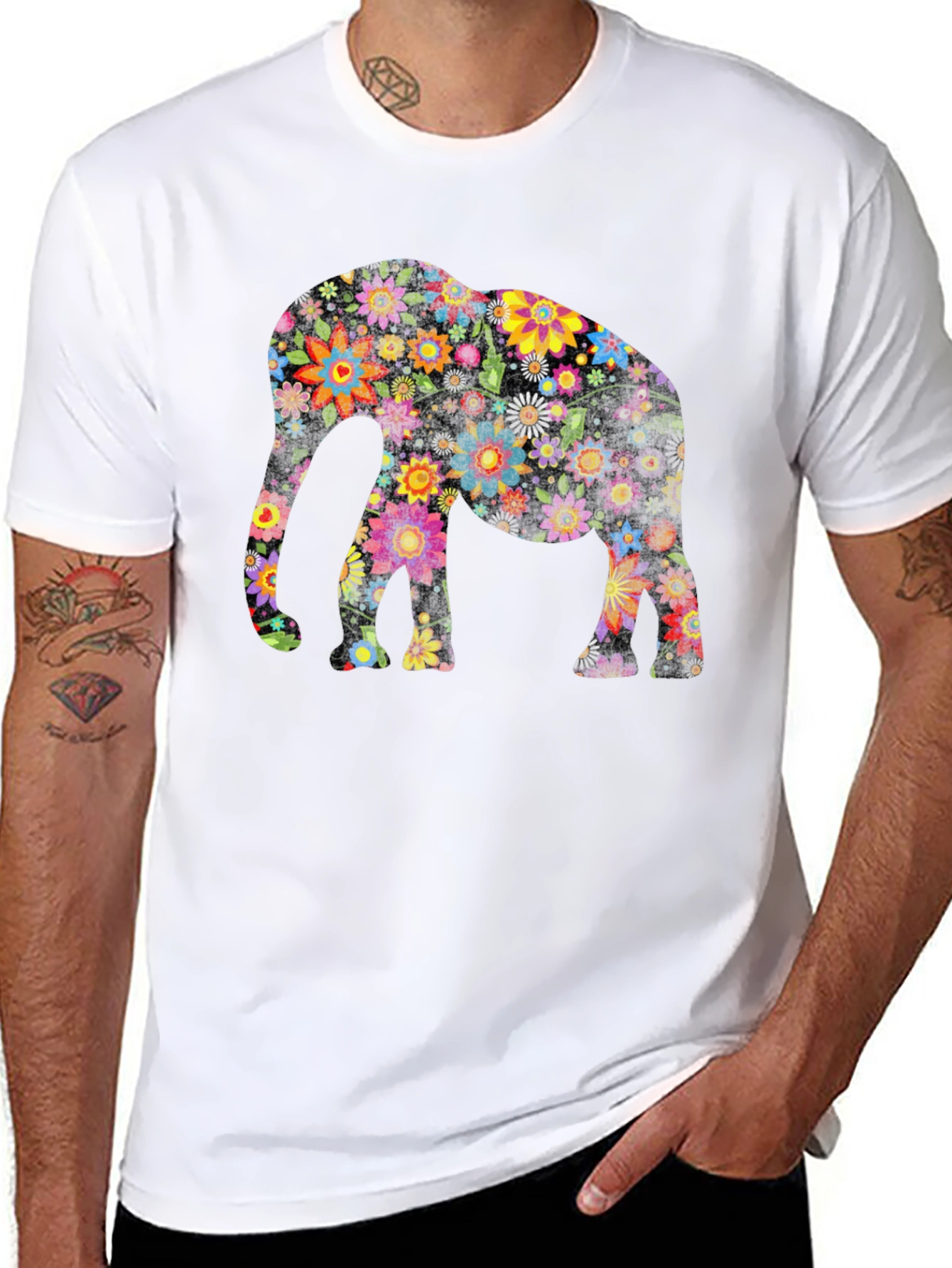 Black Floral Elephant Graphic Tee - Black Cotton Blend view 8