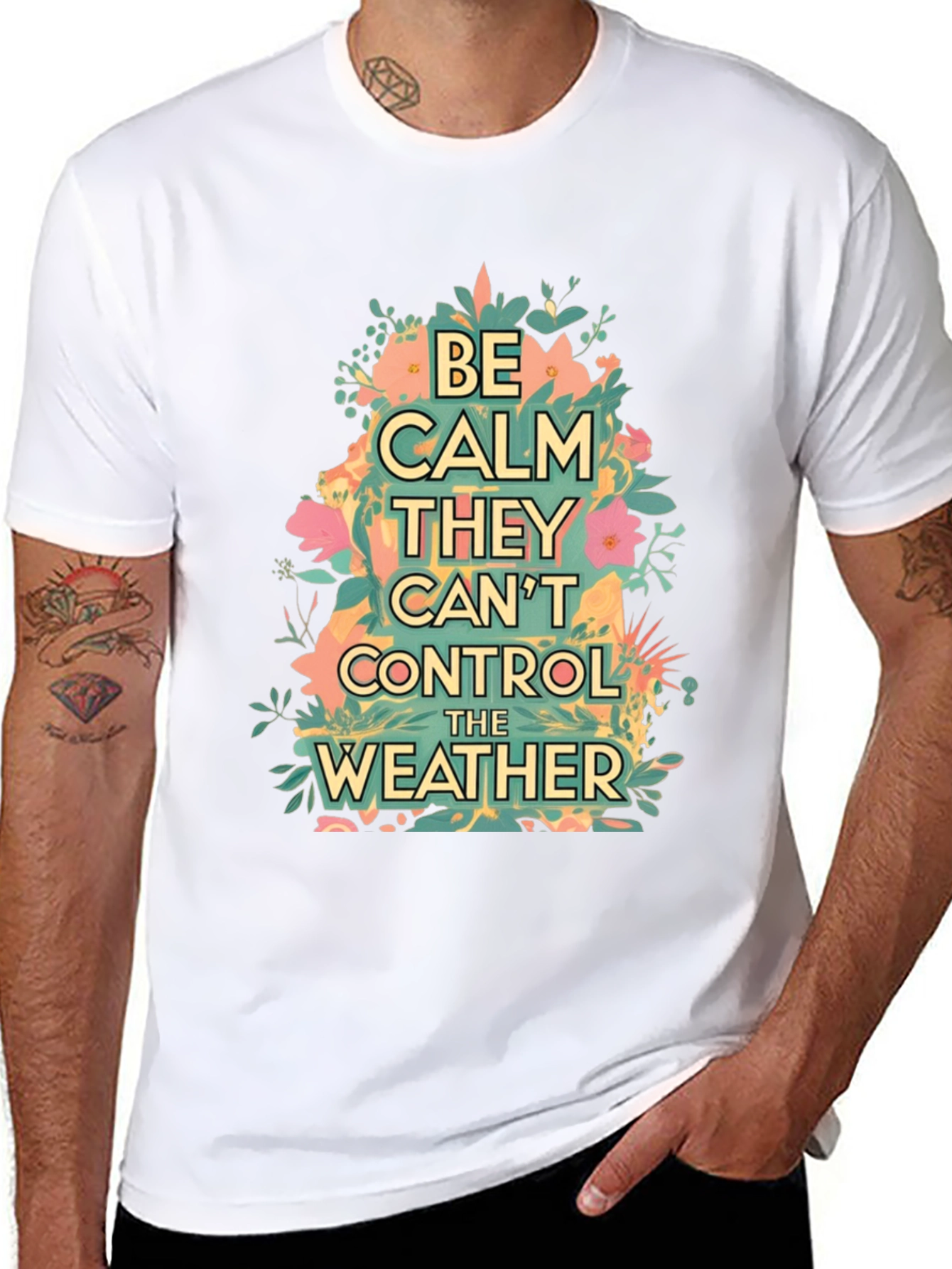 Black Be Calm They Can't Control The Weather Graphic Tee view 8