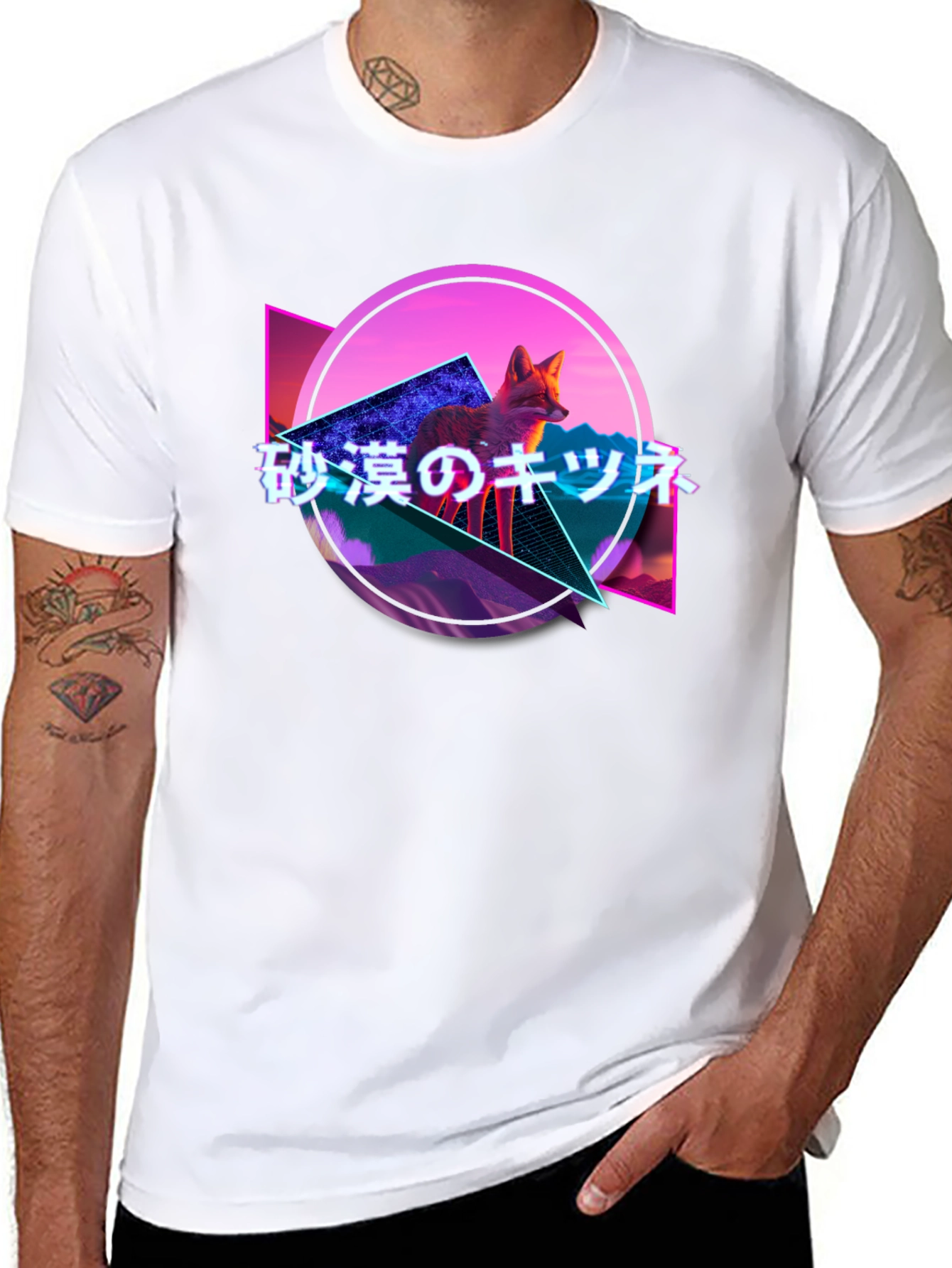 Black Retro Fox Graphic Tee - Japanese Text, Synthwave Design view 8