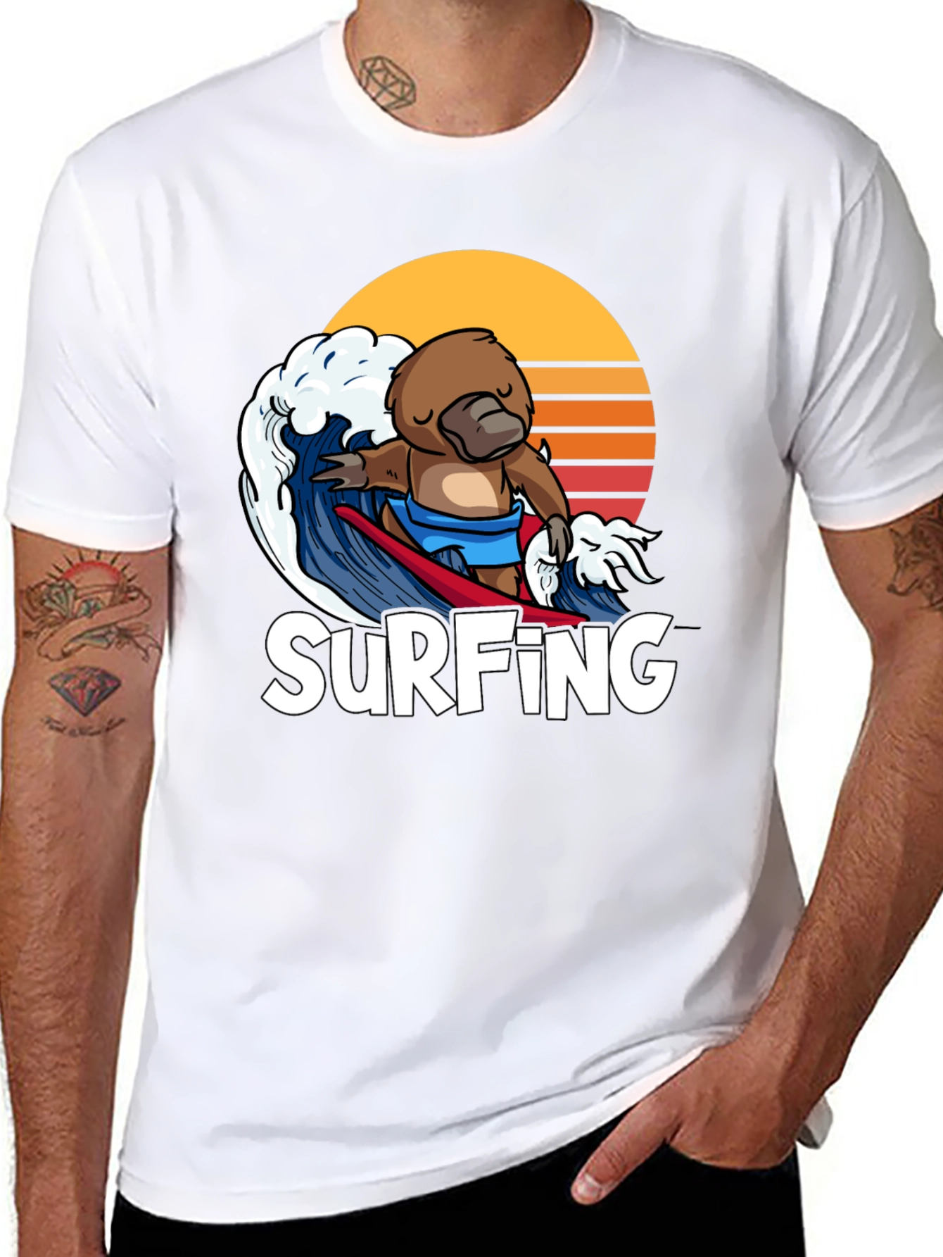 Black Surfing Platypus T-Shirt - Retro Wave Design view 8