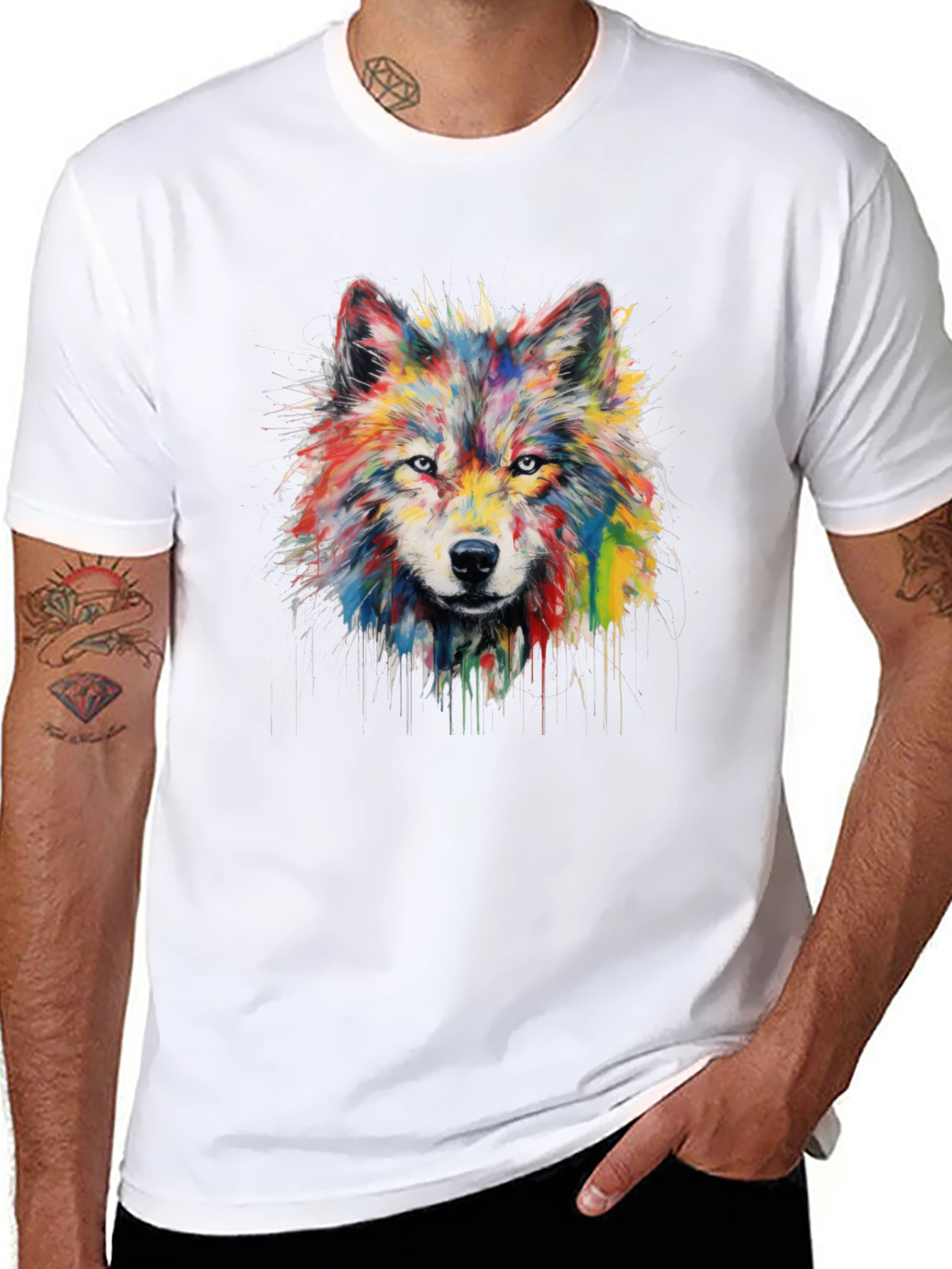 Black Colorful Watercolor Wolf Graphic Black T-Shirt view 8