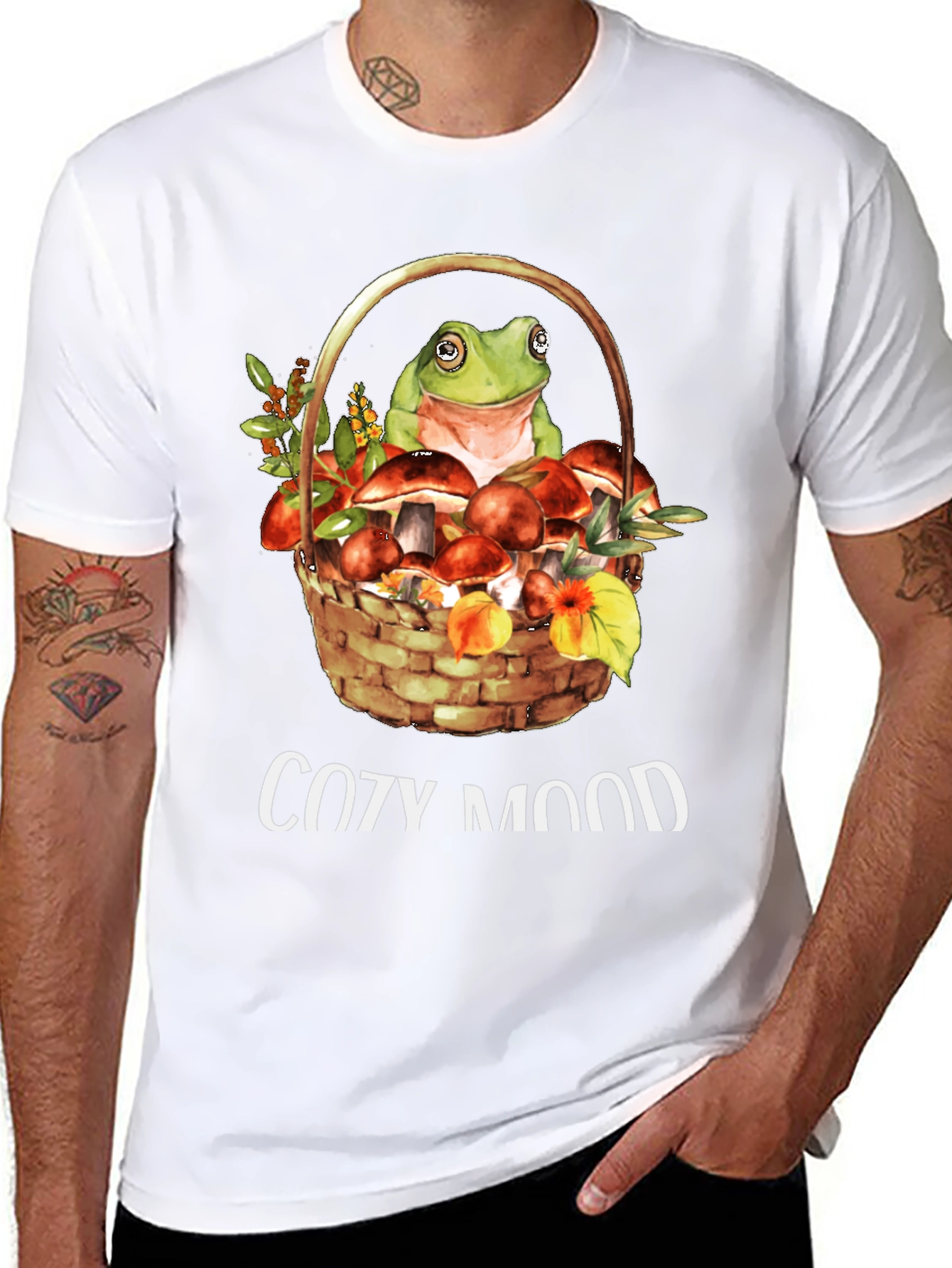 Black Cozy Mood Frog & Mushroom Basket T-Shirt view 8