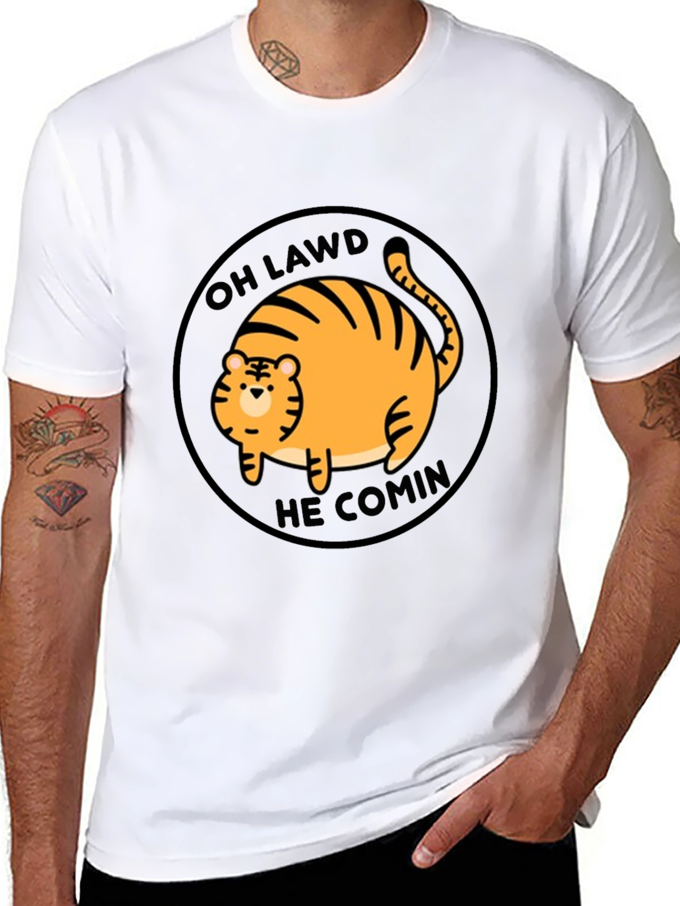 Black Oh Lawd He Comin' Cat T-Shirt - Funny Round Orange Tabby Tee view 8