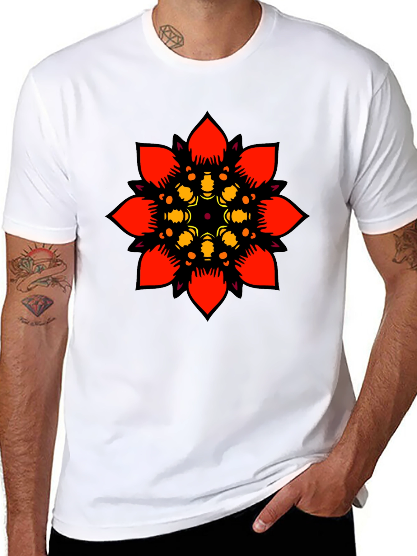 Black Geometric Mandala Graphic Tee - Black Cotton T-Shirt view 8