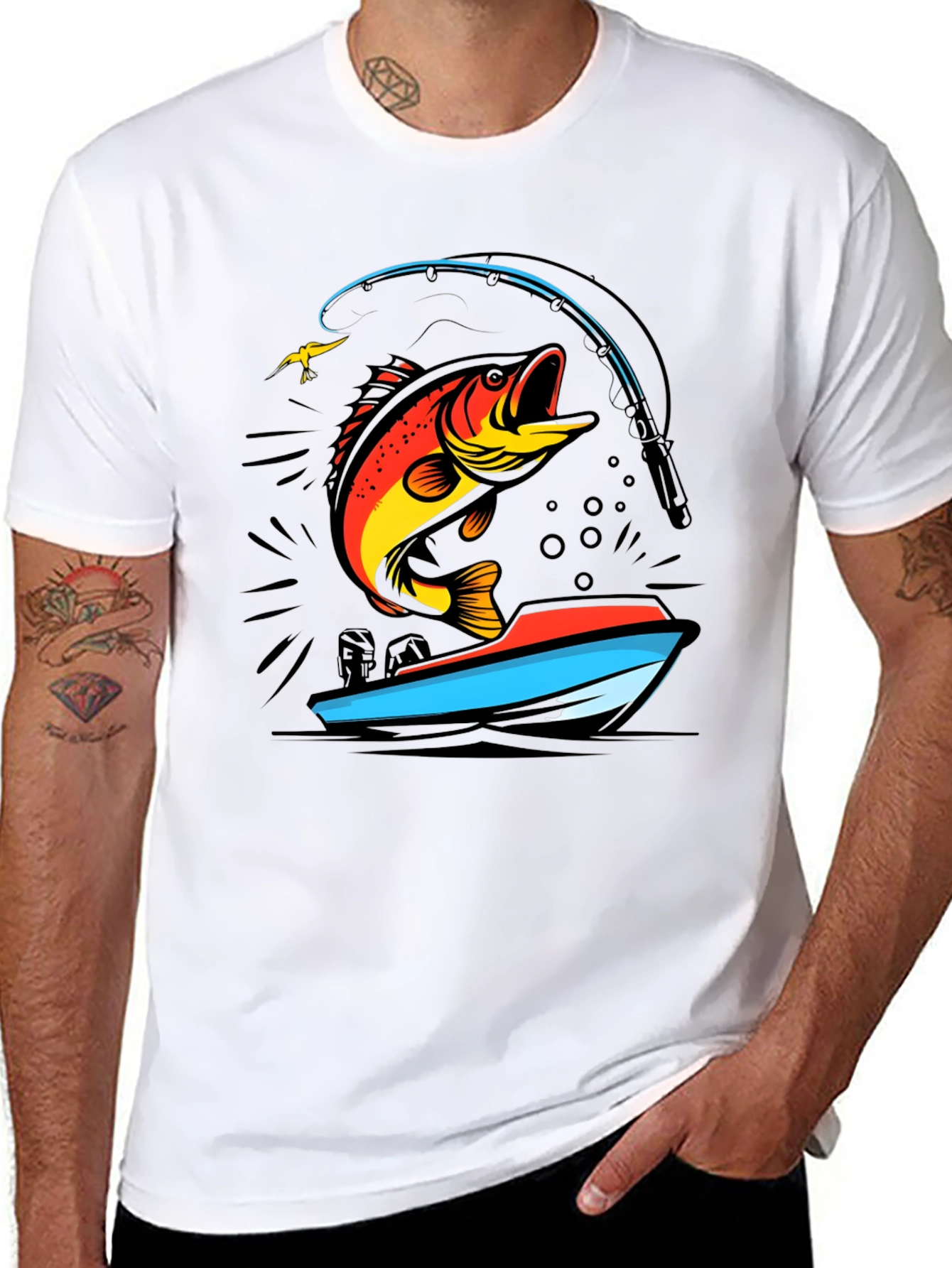Black Fishing T-Shirt: Bass Jumping From Boat view 8