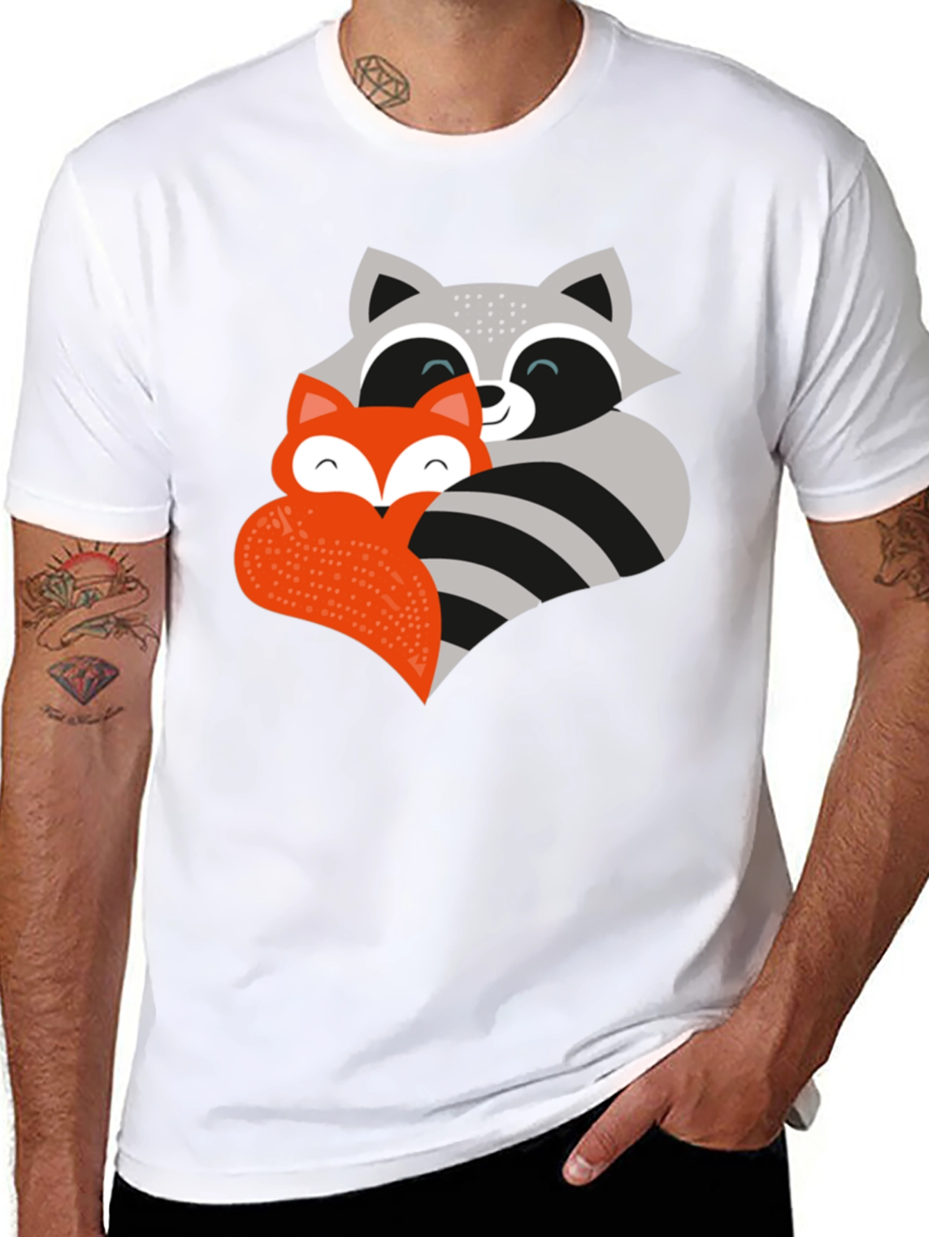 Black Cute Fox and Raccoon Graphic Tee view 8