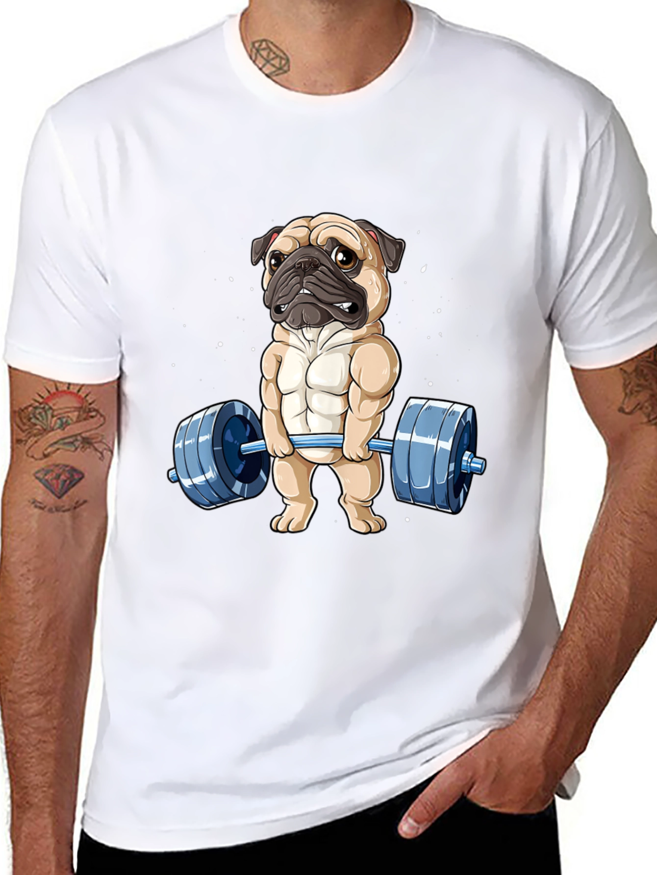 Black Muscle Pug Weightlifting Graphic Tee view 8