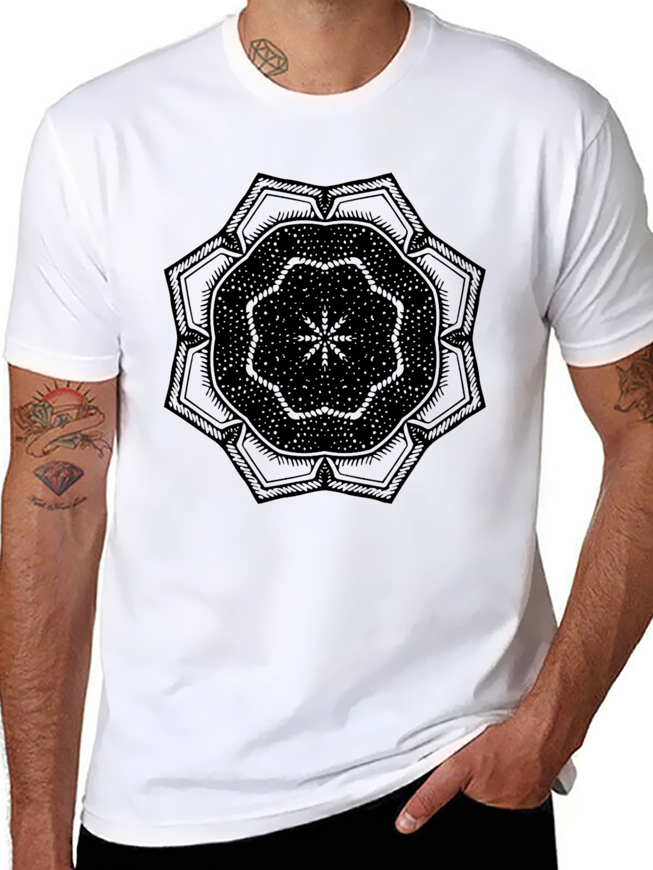 Black Geometric Mandala Graphic Tee - Black Cotton Blend view 8