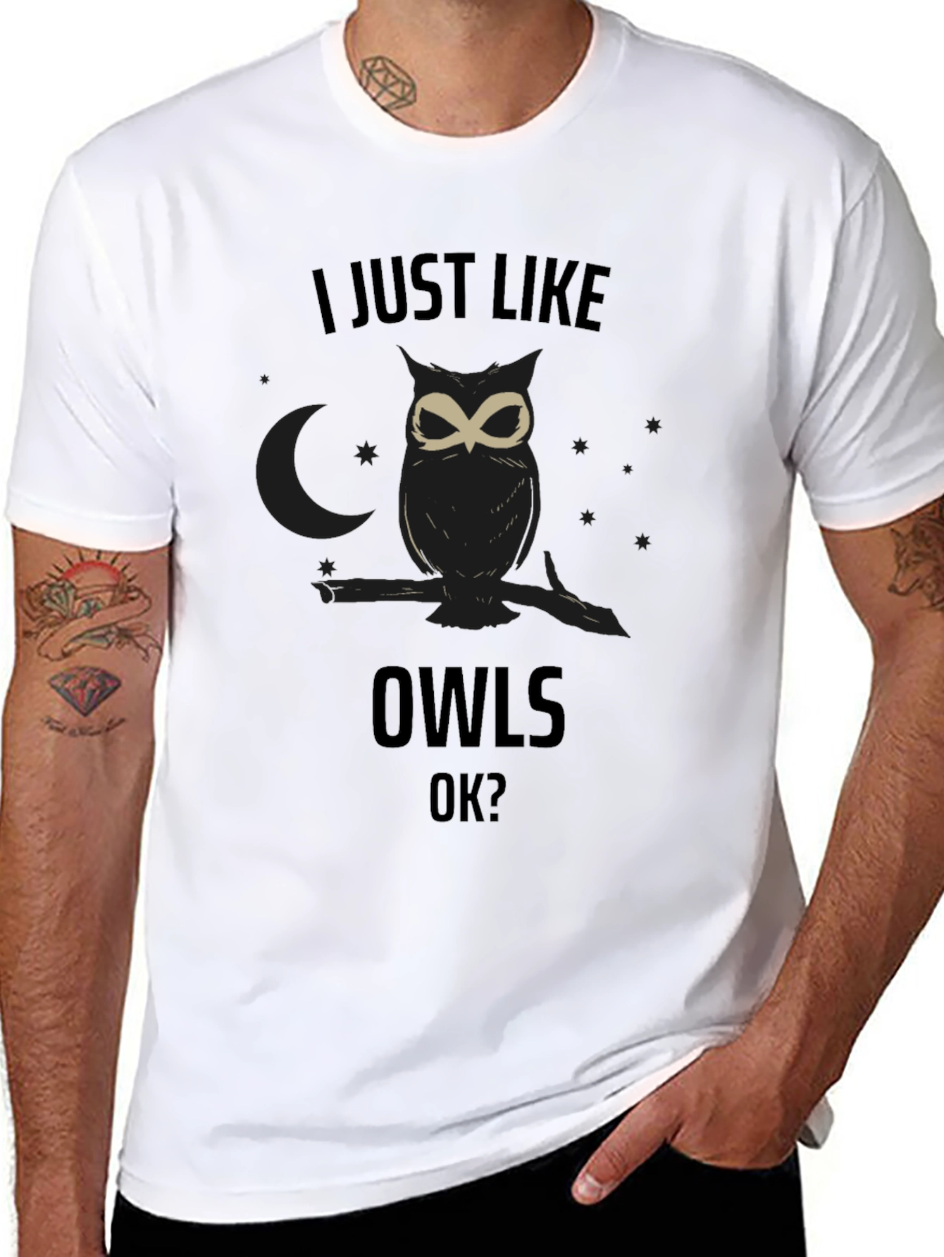 Black I Just Like Owls OK? Black T-Shirt view 8