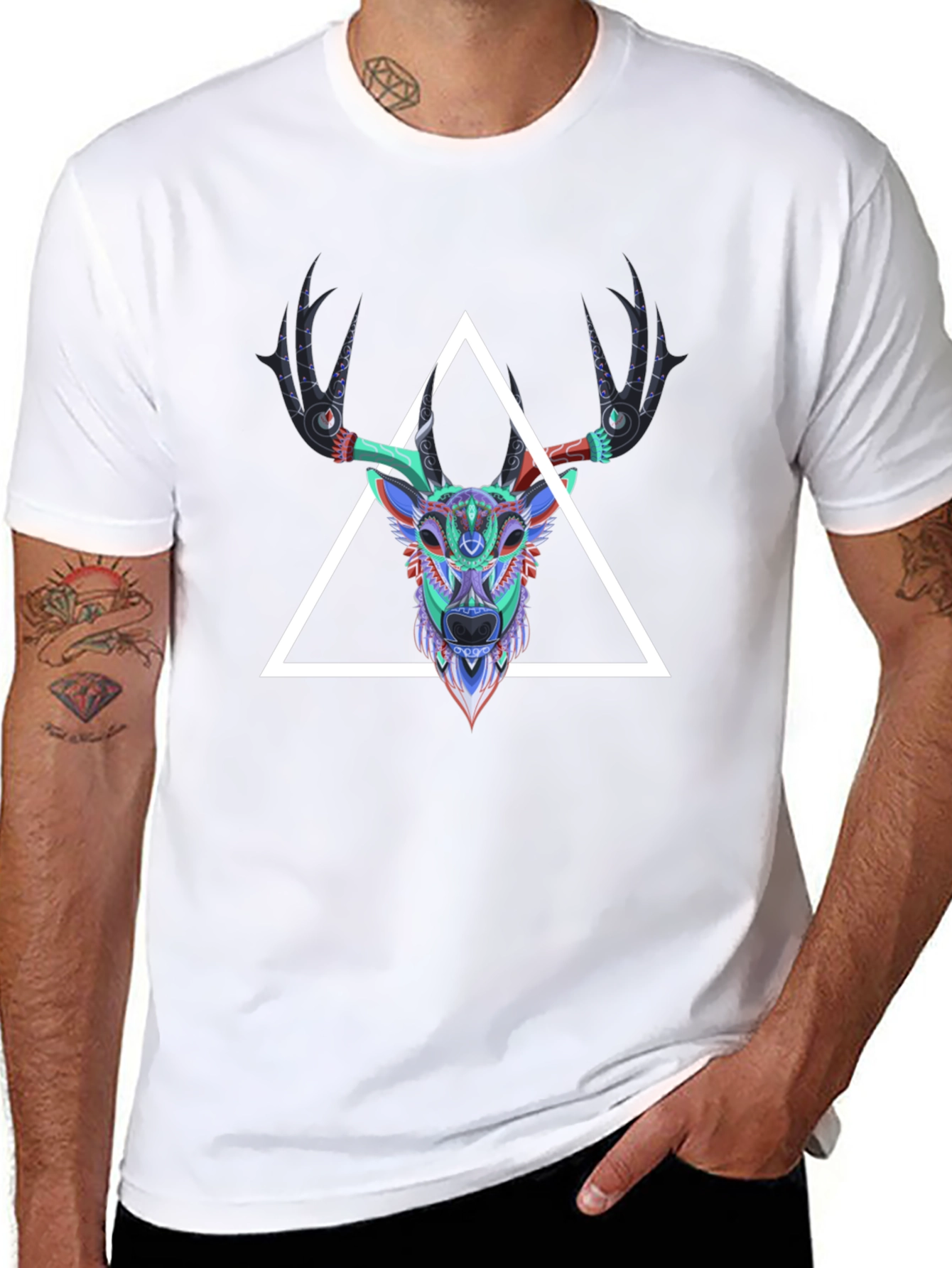 Black Geometric Deer Head Graphic Tee - Men's Black T-Shirt view 8