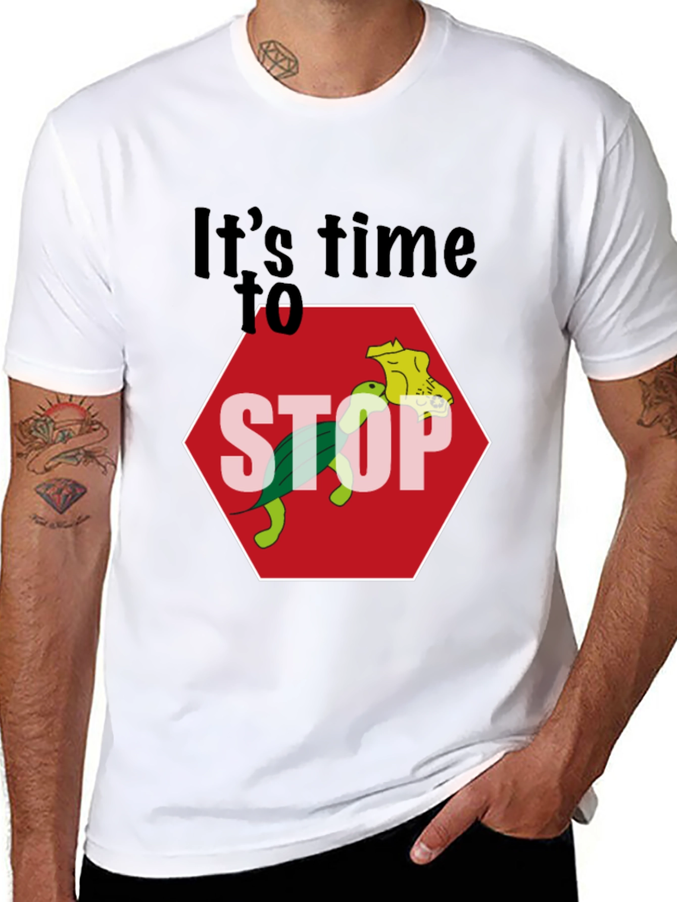 Black Humorous Turtle Stop Sign Graphic Tee view 8