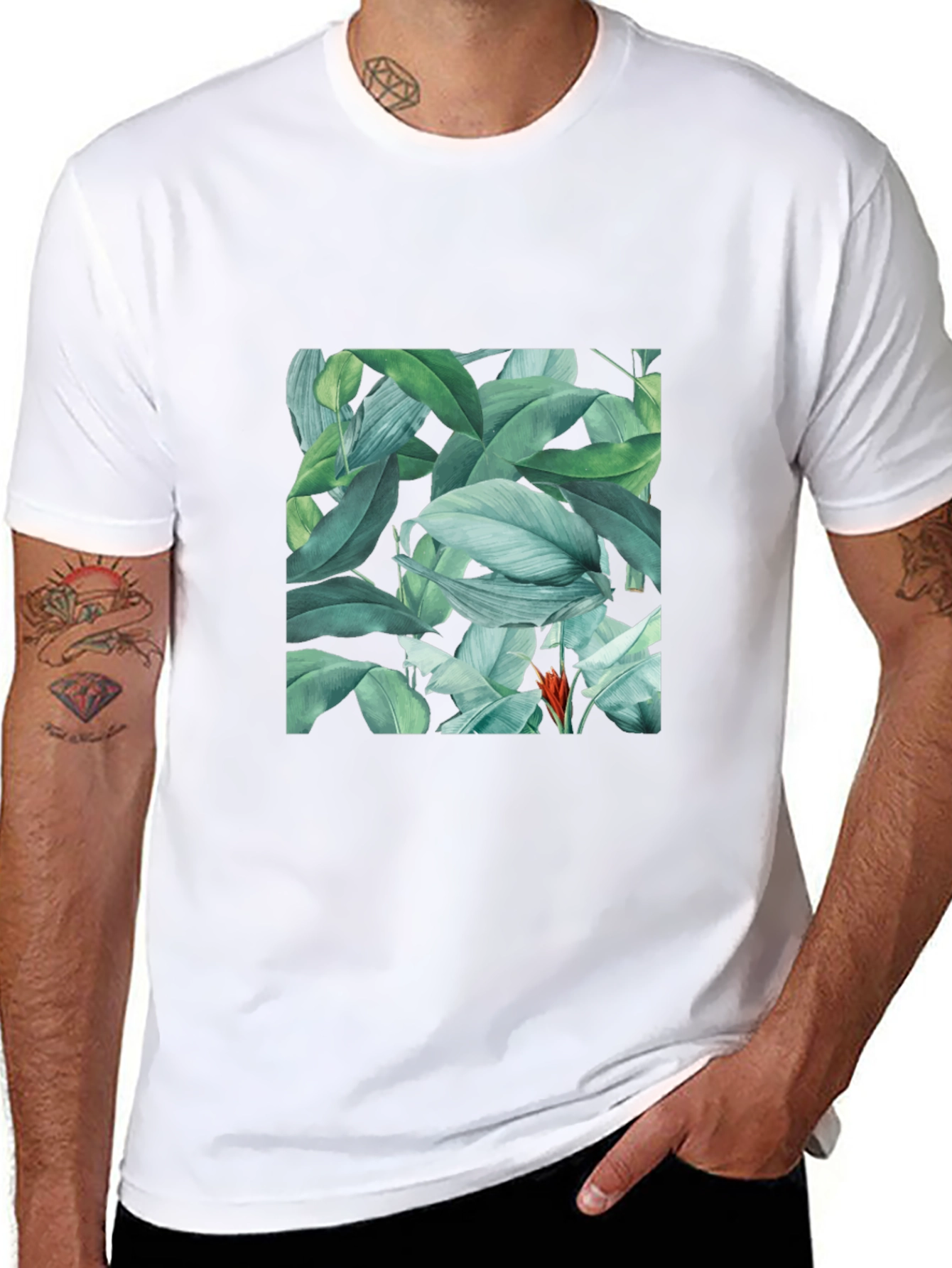 Black Tropical Leaves Print Black T-Shirt view 8