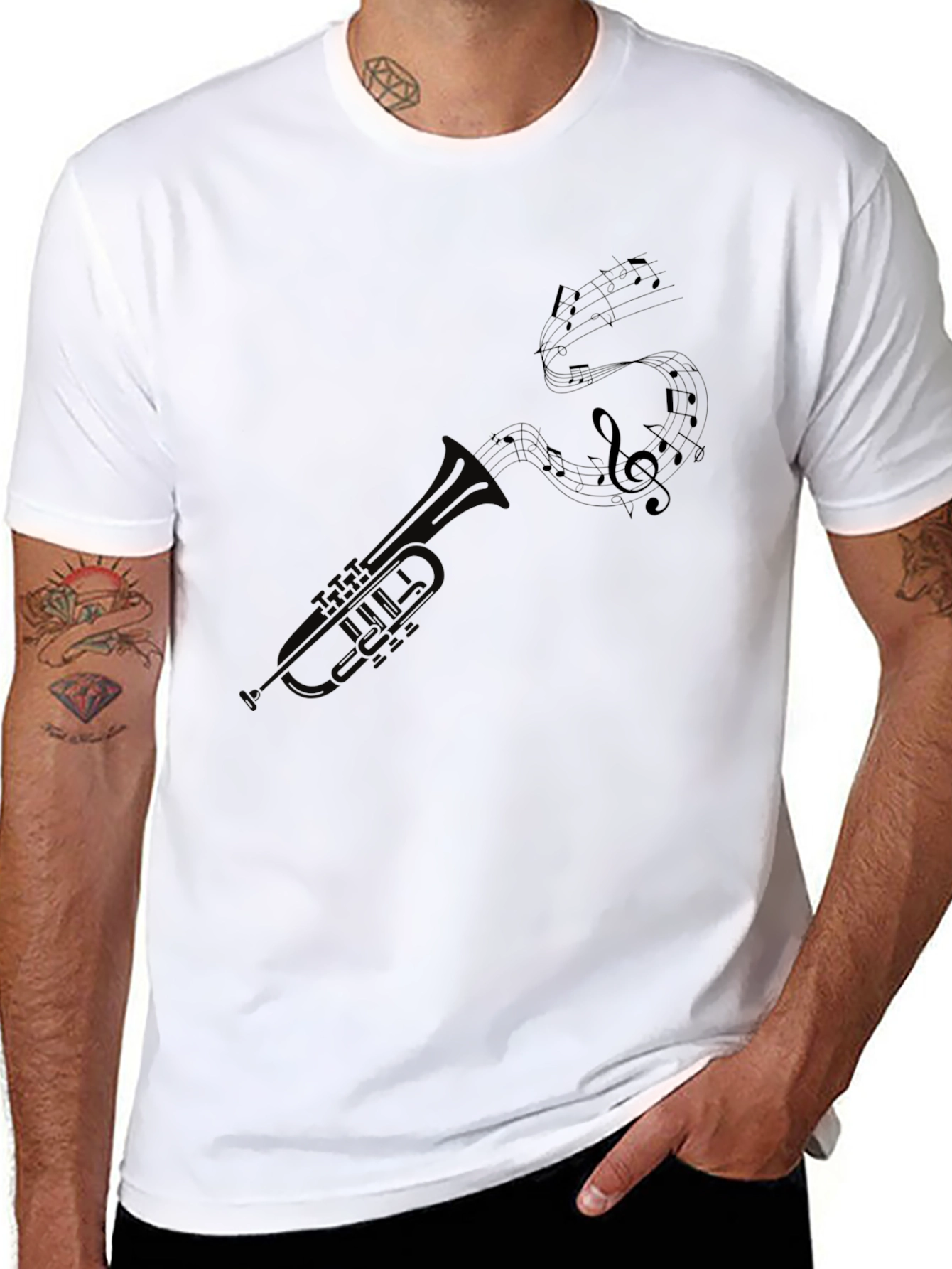 Black Trumpet and Music Notes Graphic Tee - Black view 8