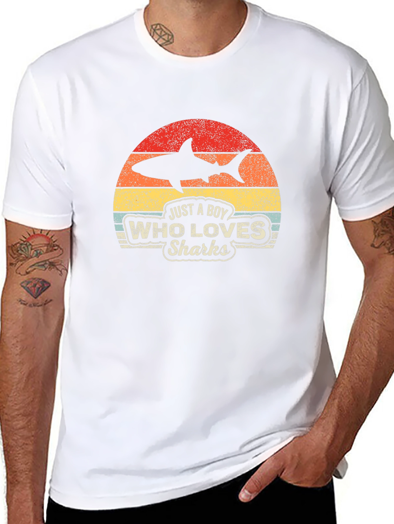 Black Boy Who Loves Sharks Black T-Shirt - Retro Style view 8