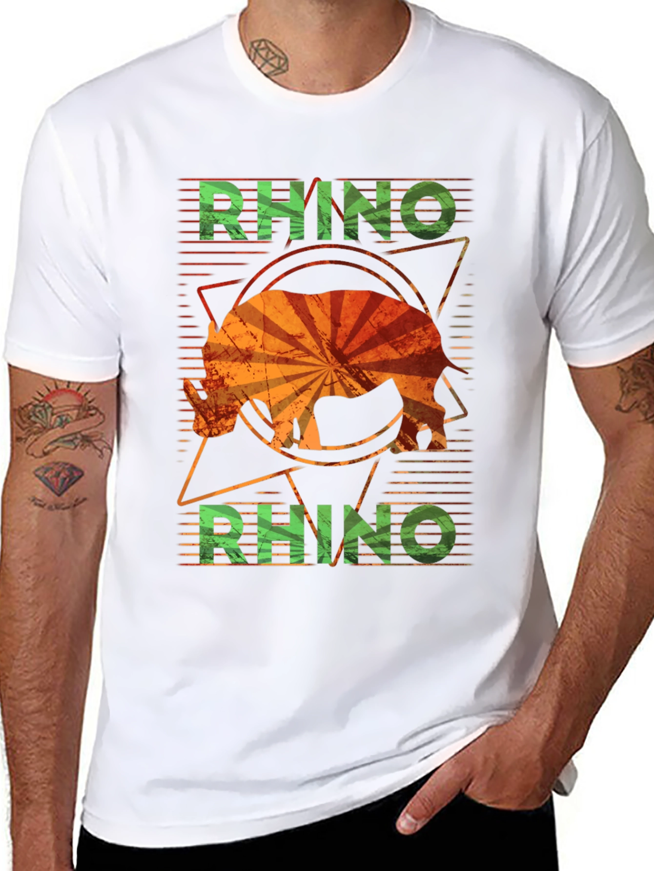 Retro Rhino Graphic T-Shirt - Distressed Design - 8