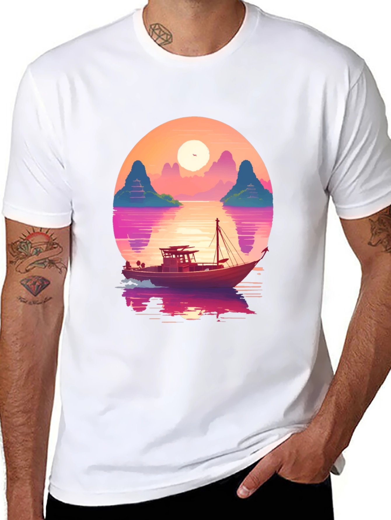 Black Sunset Boat Graphic Tee - Retro Style view 8