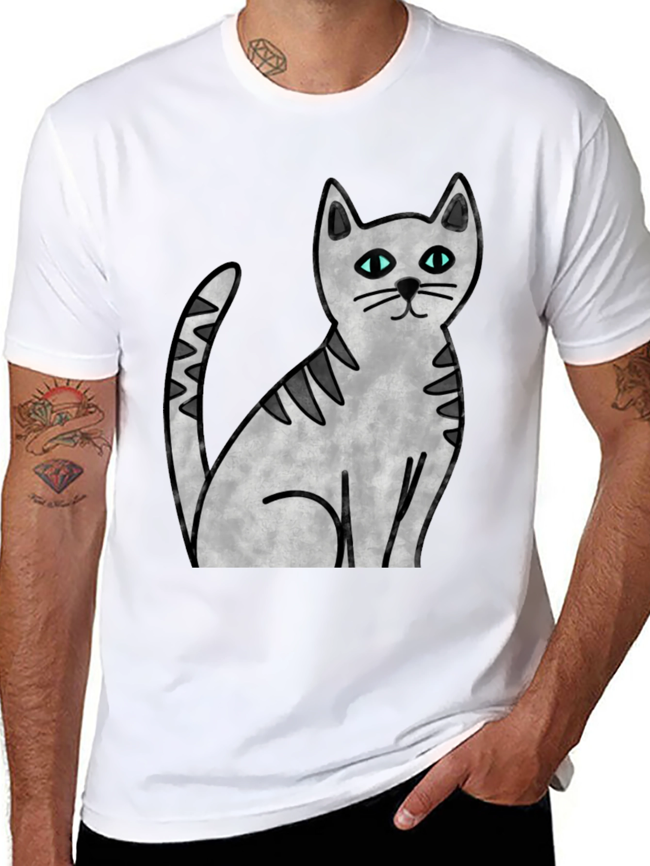 Black Cute Cat Graphic Print Black T-Shirt view 8