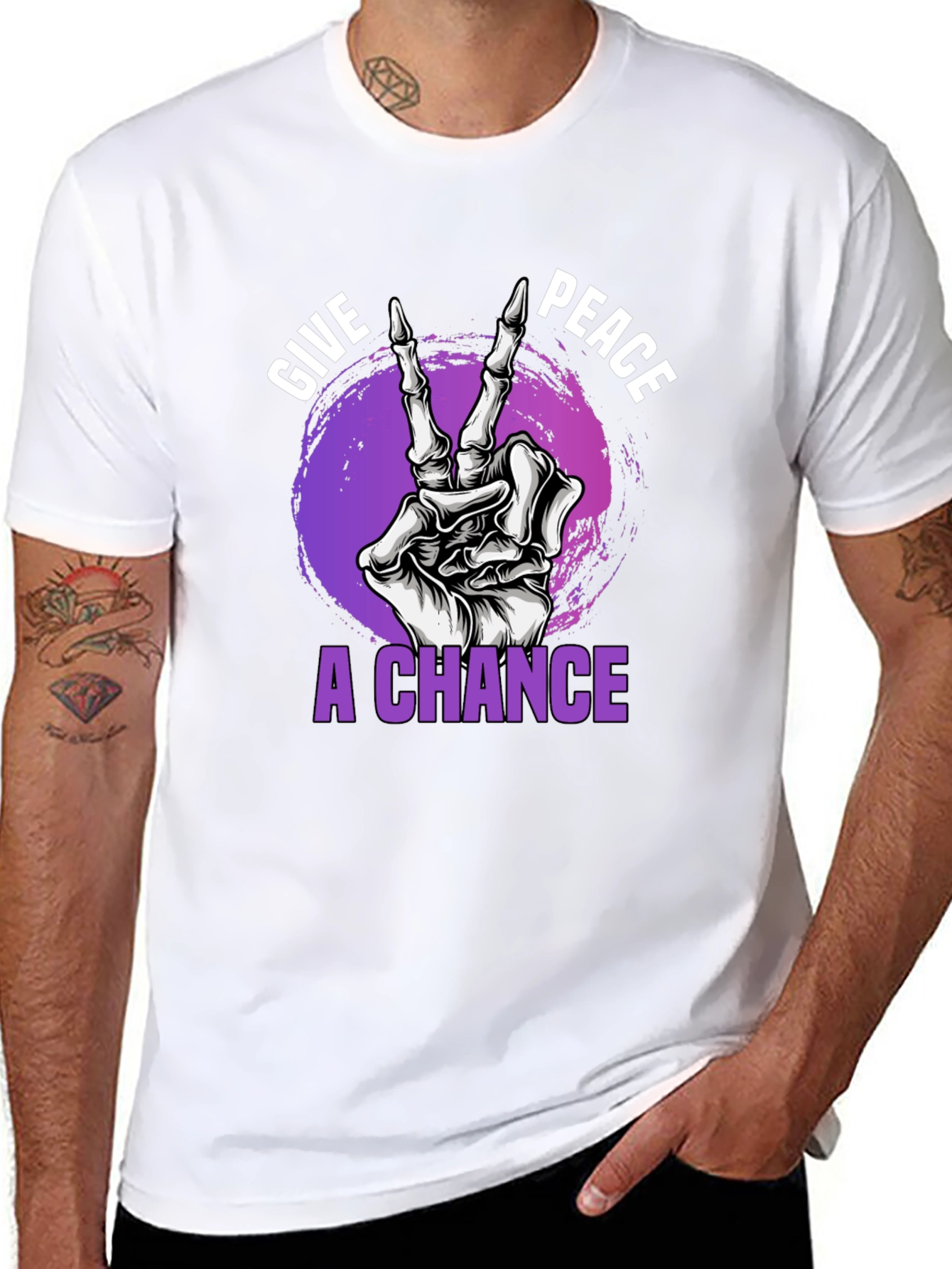 Black Give Peace A Chance Skeleton Hand Graphic T-Shirt view 8