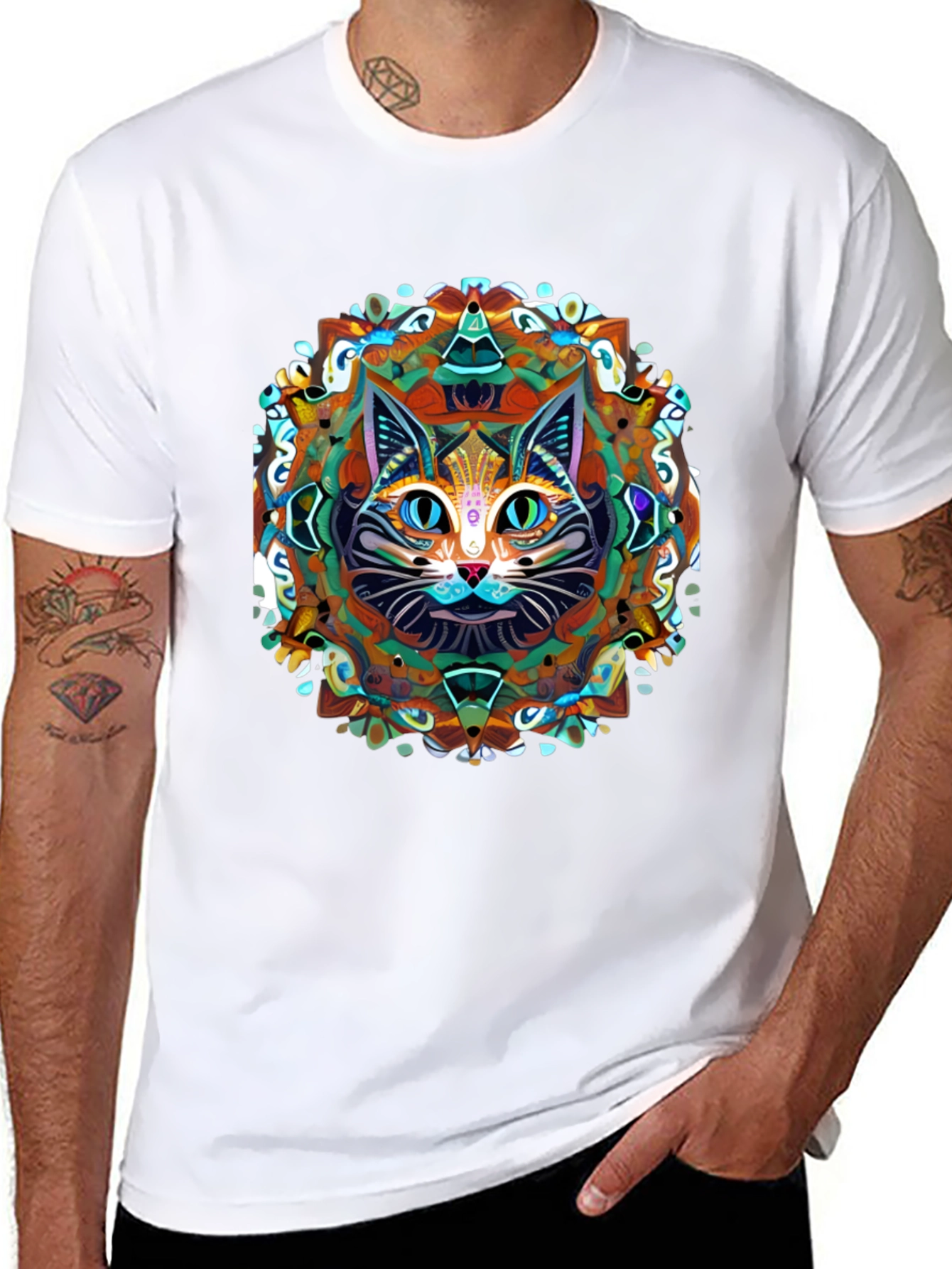 Black Psychedelic Cat Mandala T-Shirt view 8