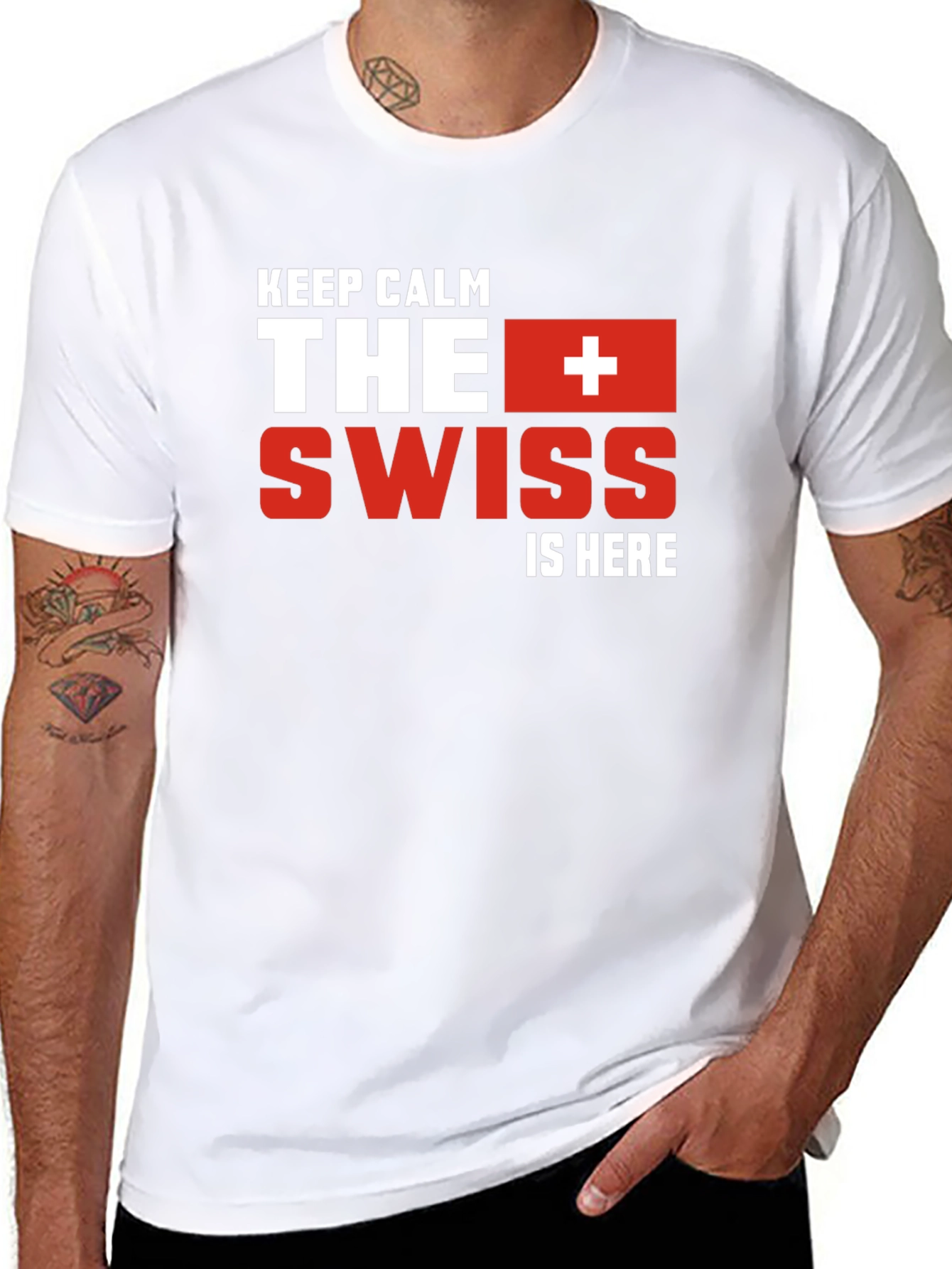 Black Keep Calm The Swiss Is Here Black T-Shirt view 8