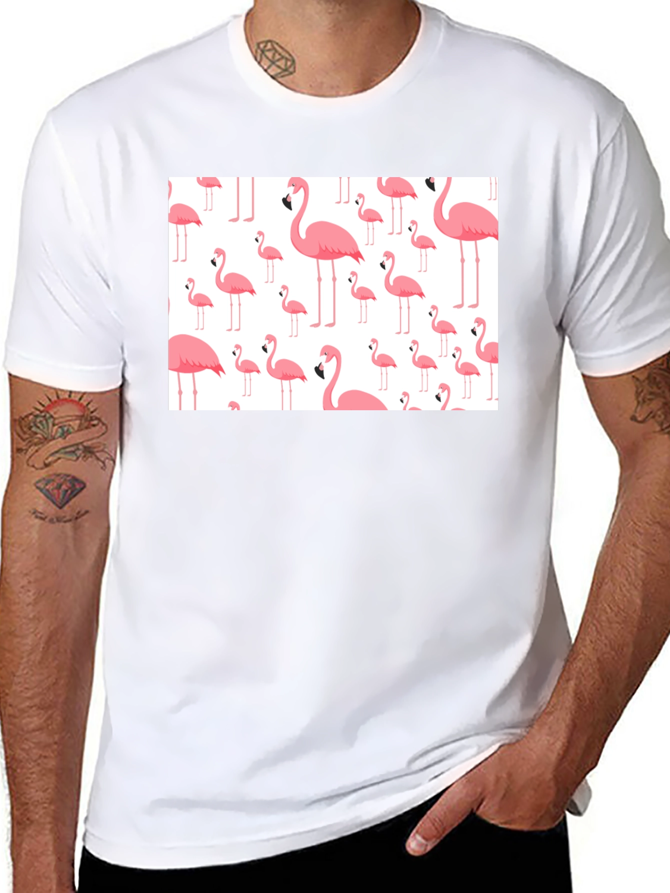 Fun Flamingo Pattern Black T-Shirt - 8