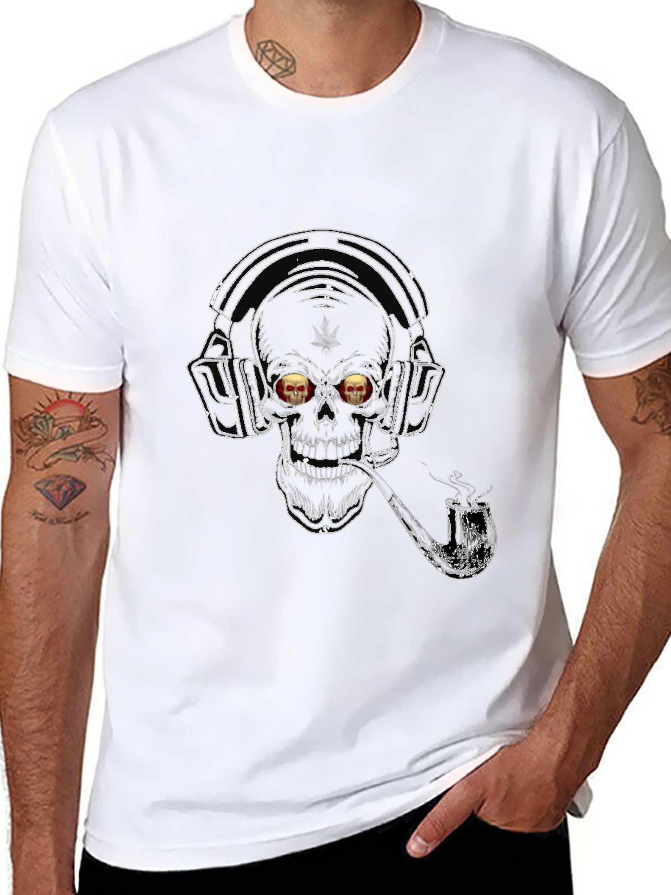 Black Skull with Headphones Graphic T-Shirt view 8