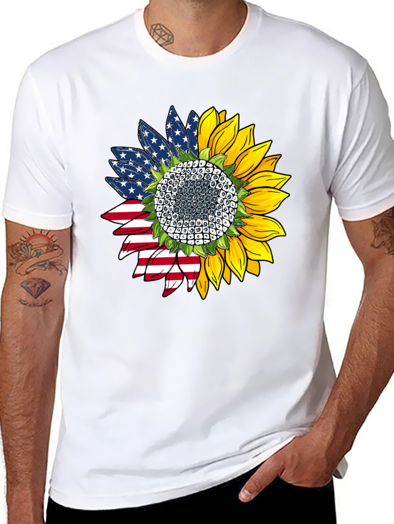 Black American Flag Sunflower Graphic Tee view 8