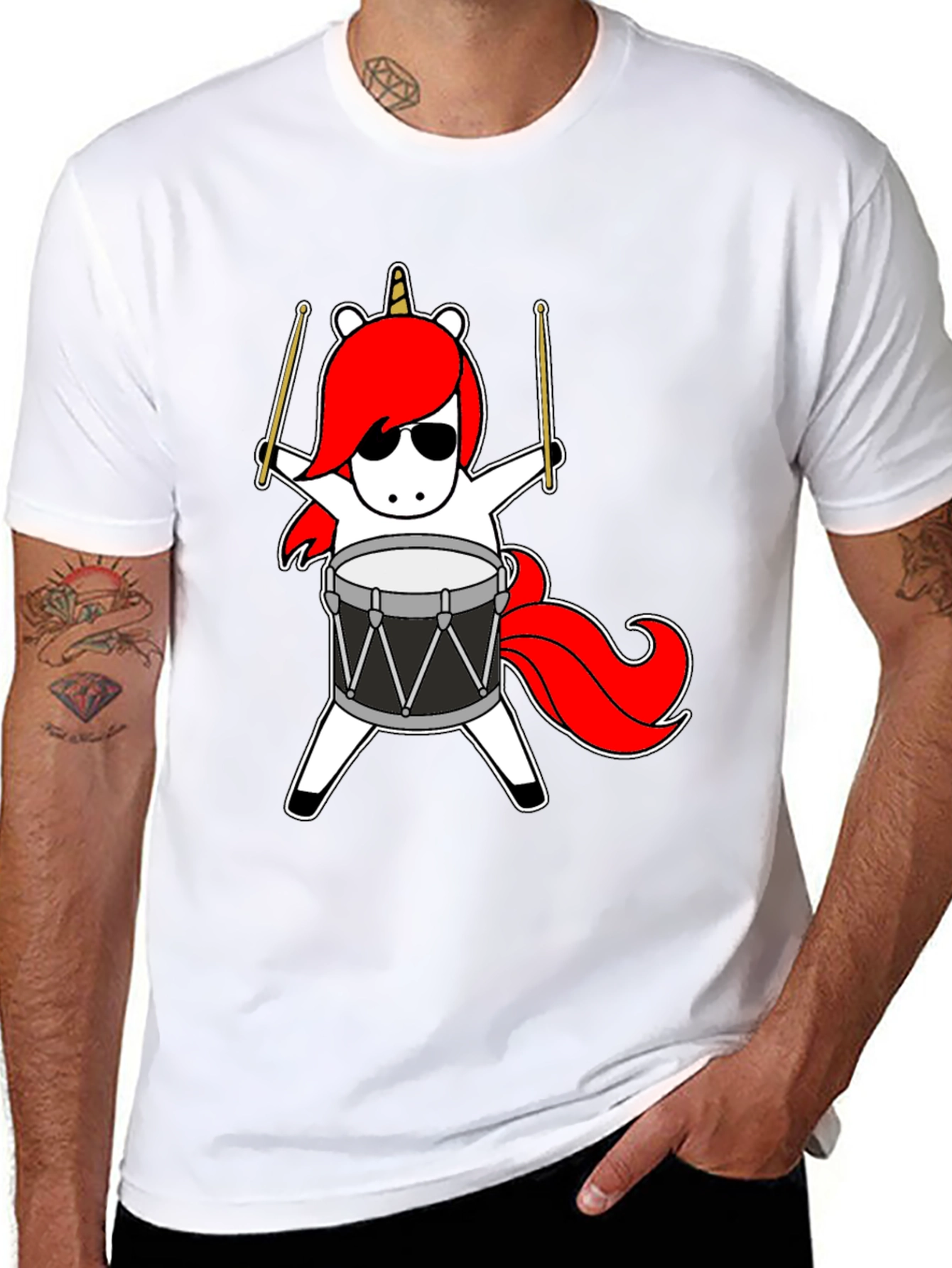 Black Unicorn Drummer T-Shirt - Cool Cartoon Design view 8