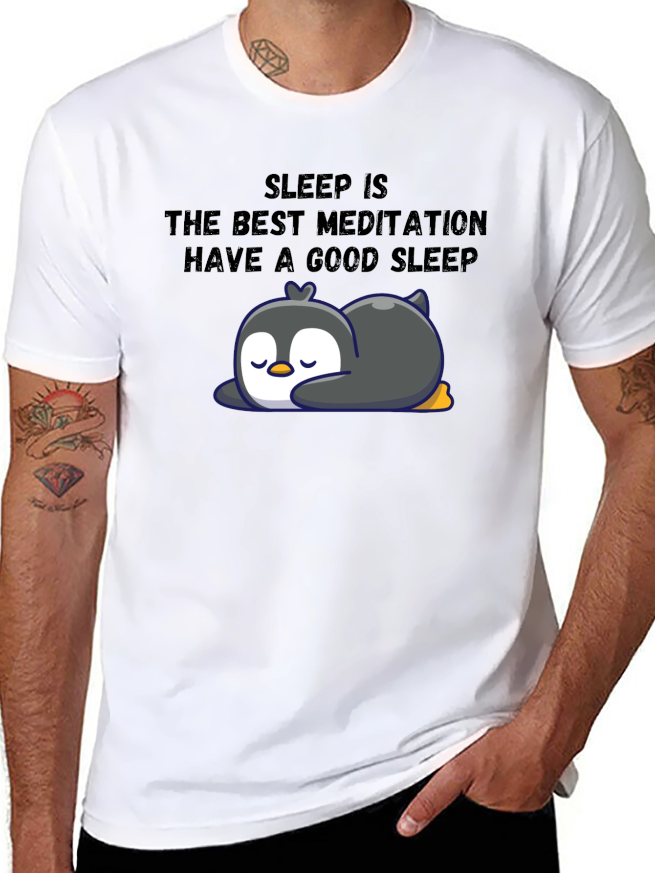 Black Sleep Meditation Penguin T-Shirt view 8