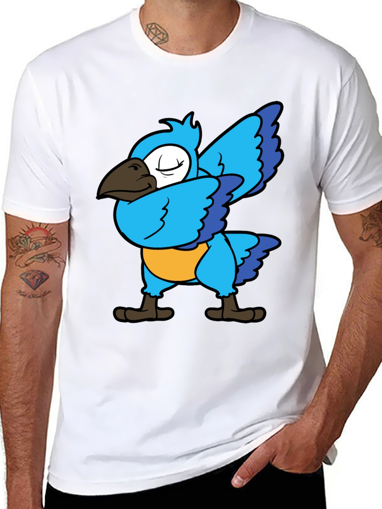 Black Dabbing Parrot T-Shirt - Blue Bird Dance Tee view 8
