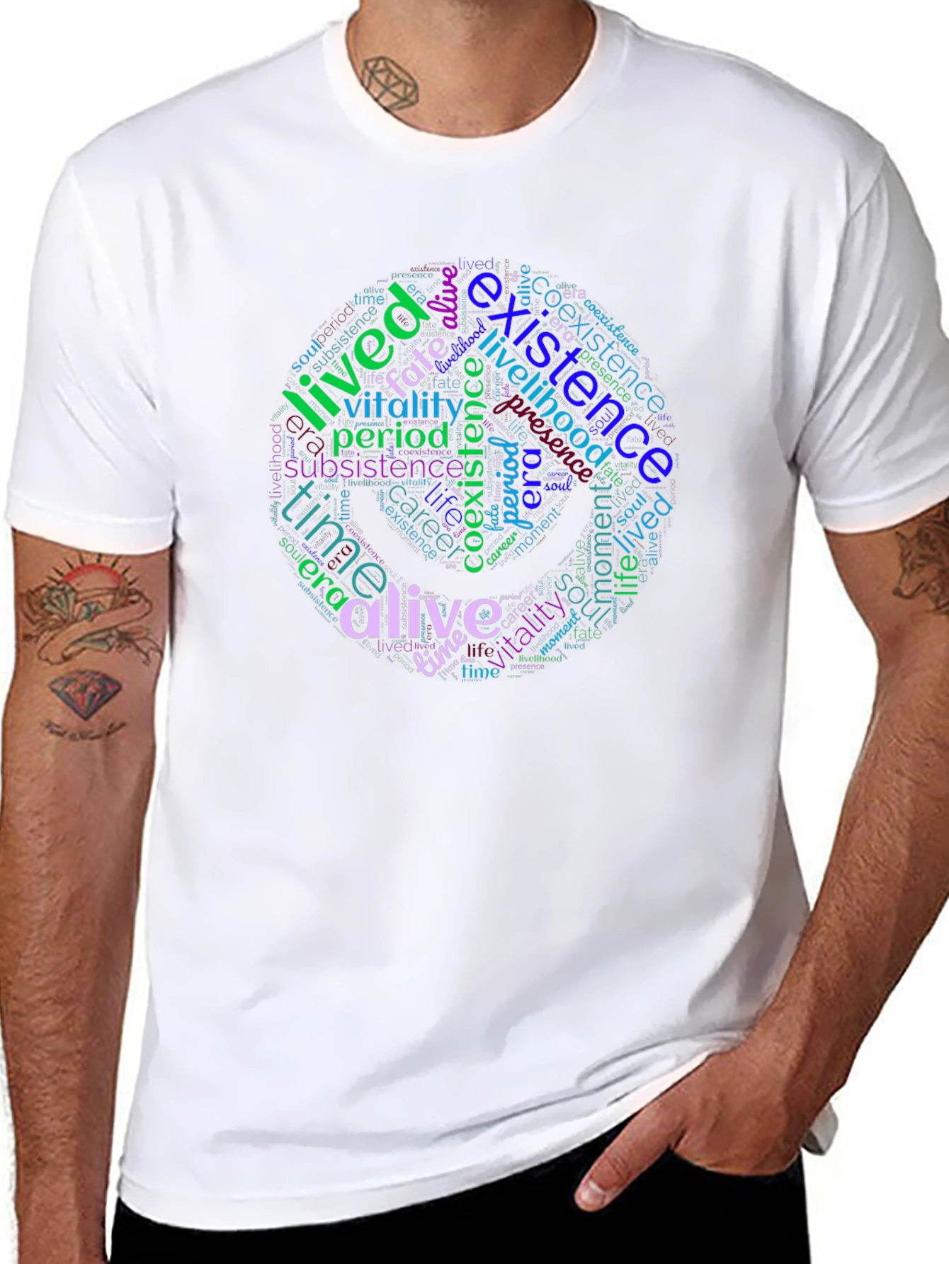 Black Word Cloud T-Shirt: Existence, Life, and Vitality Design view 8