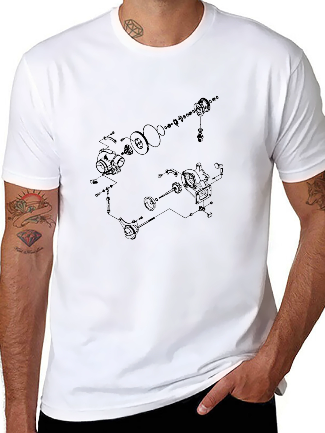 Black Technical Diagram Graphic Tee - Black Cotton T-Shirt view 8
