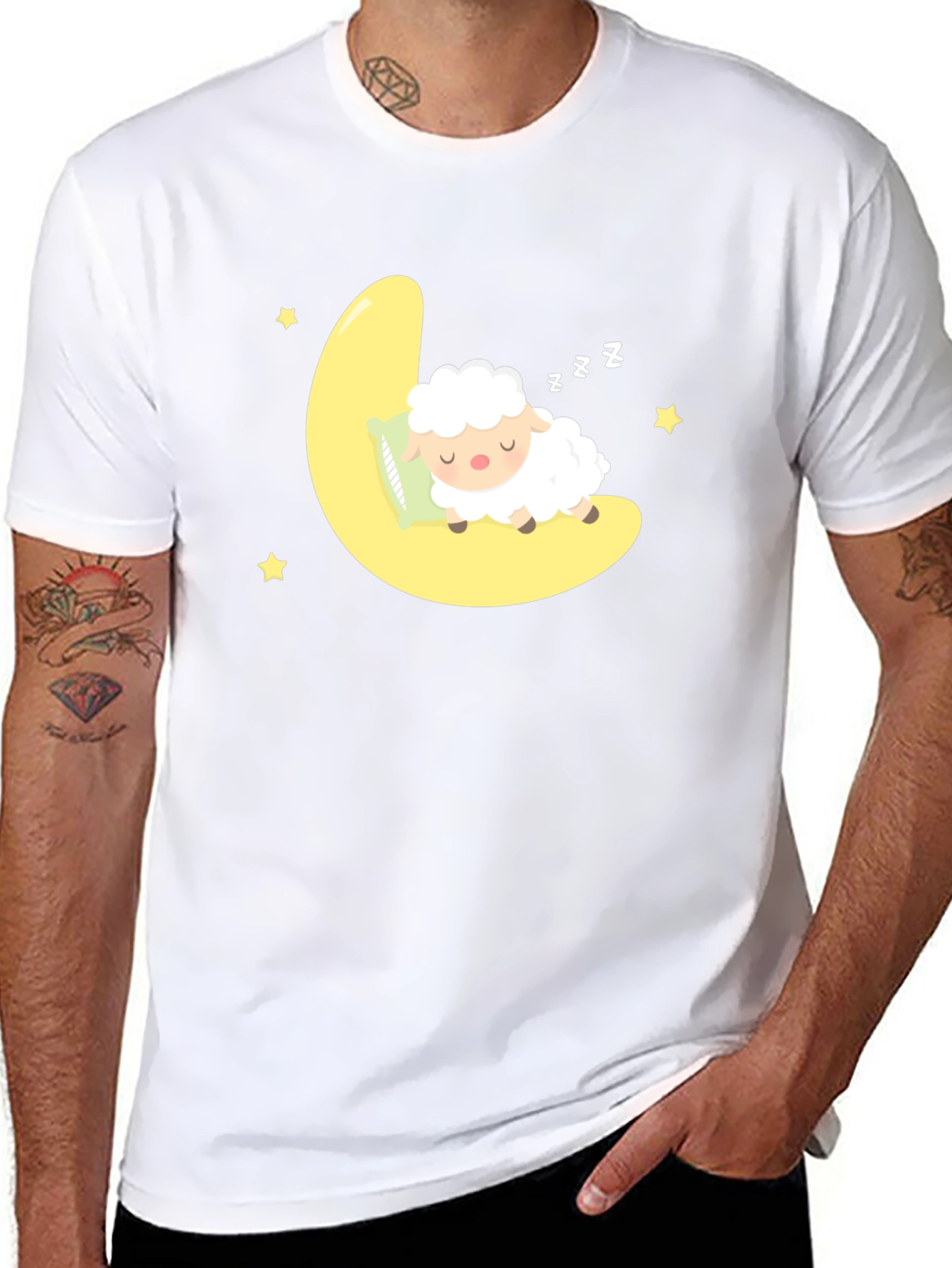 Cute Sheep Sleeping on Moon Graphic Tee - 8