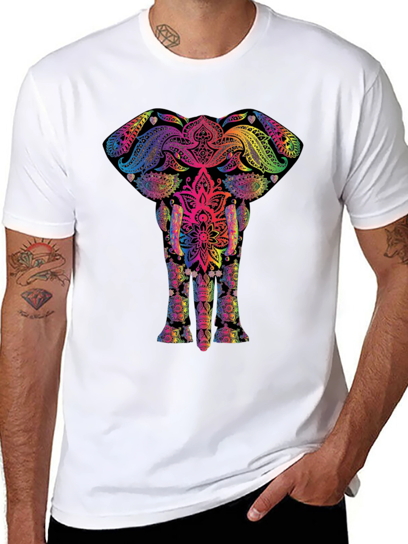 Black Vibrant Elephant Mandala T-Shirt - Unique Graphic Tee view 8