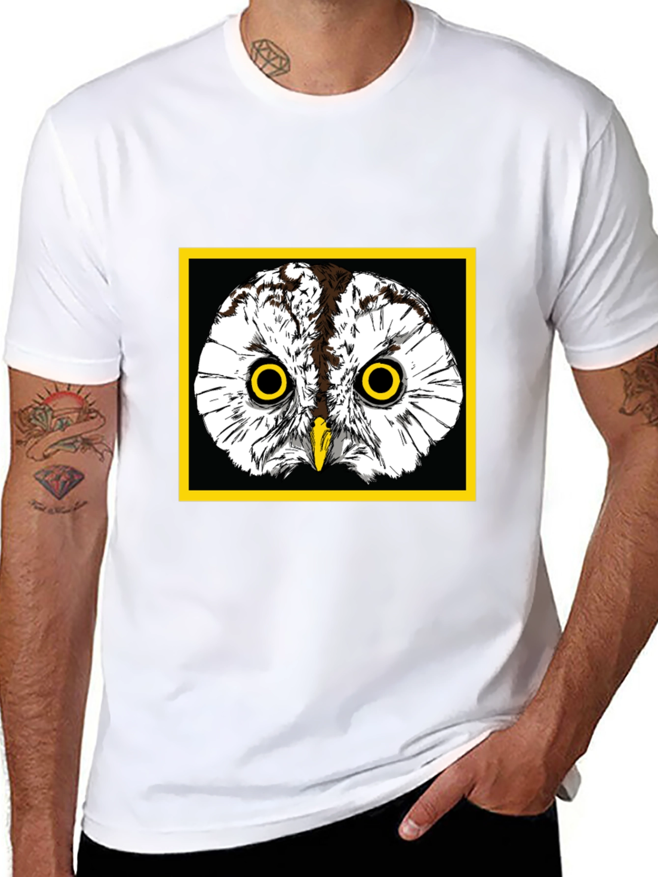 Black Owl Graphic Tee - Black Cotton T-Shirt with Yellow Border view 8