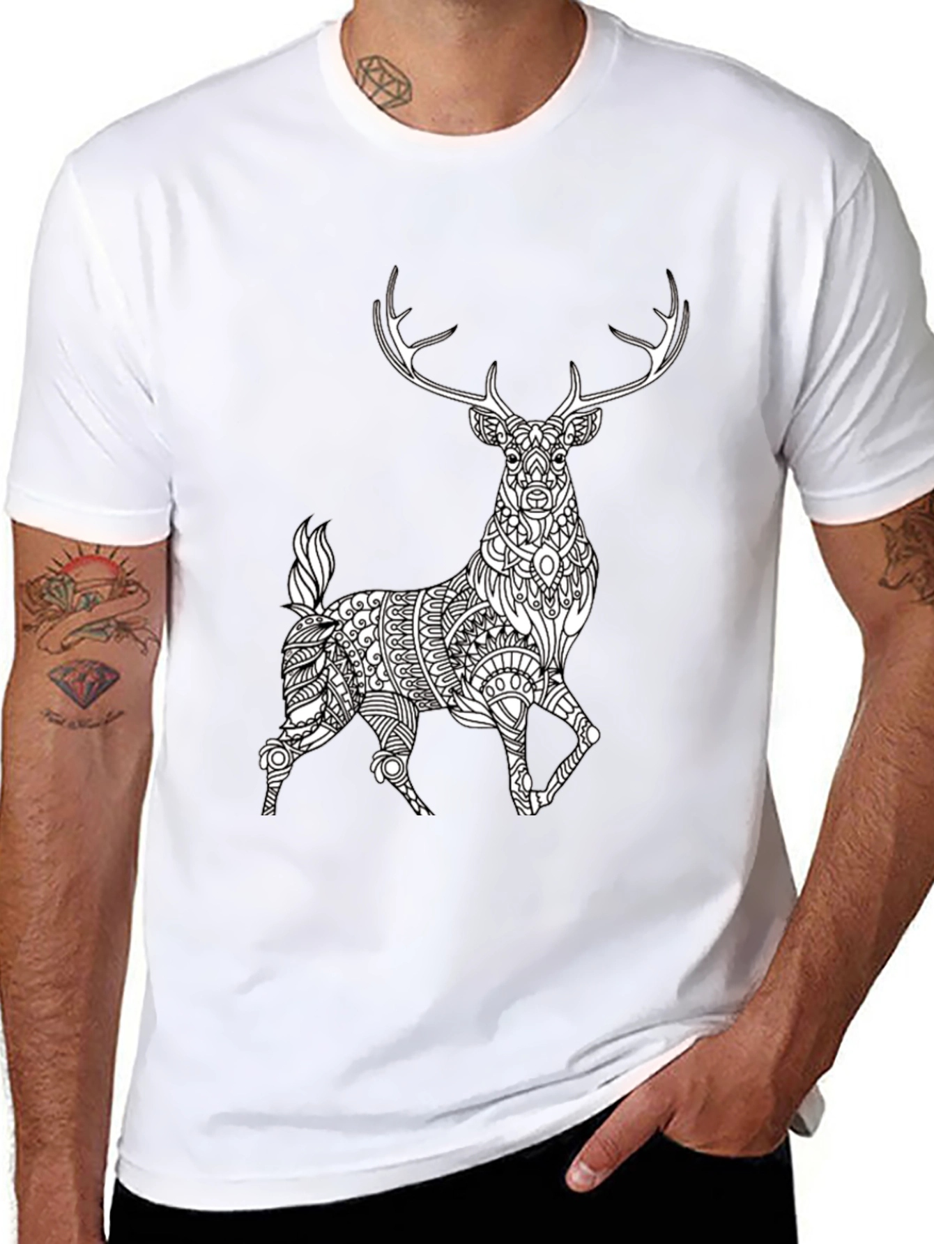 Black Geometric Deer Graphic Tee - Black Cotton Blend view 8
