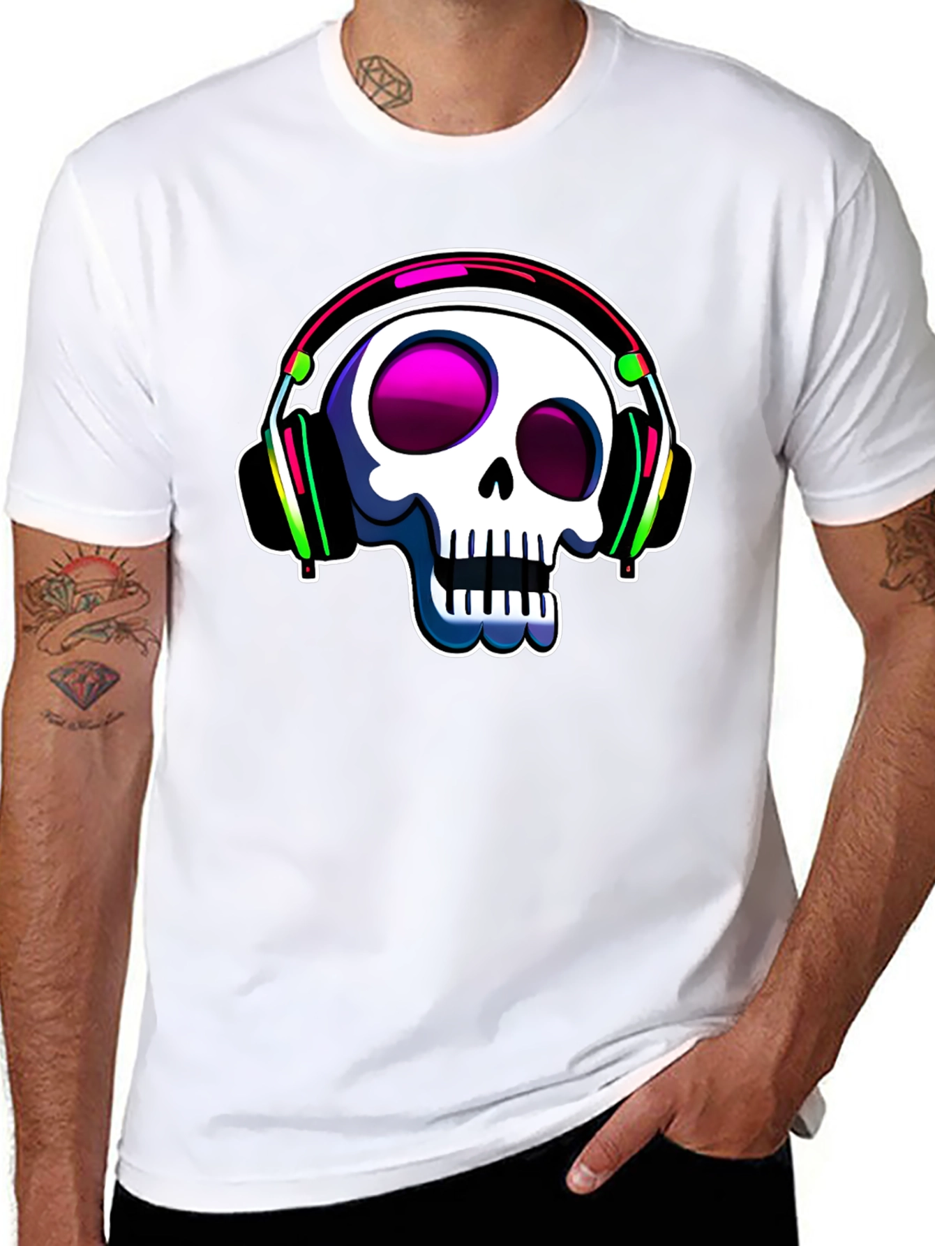 Black Skull with Headphones Graphic Tee view 8