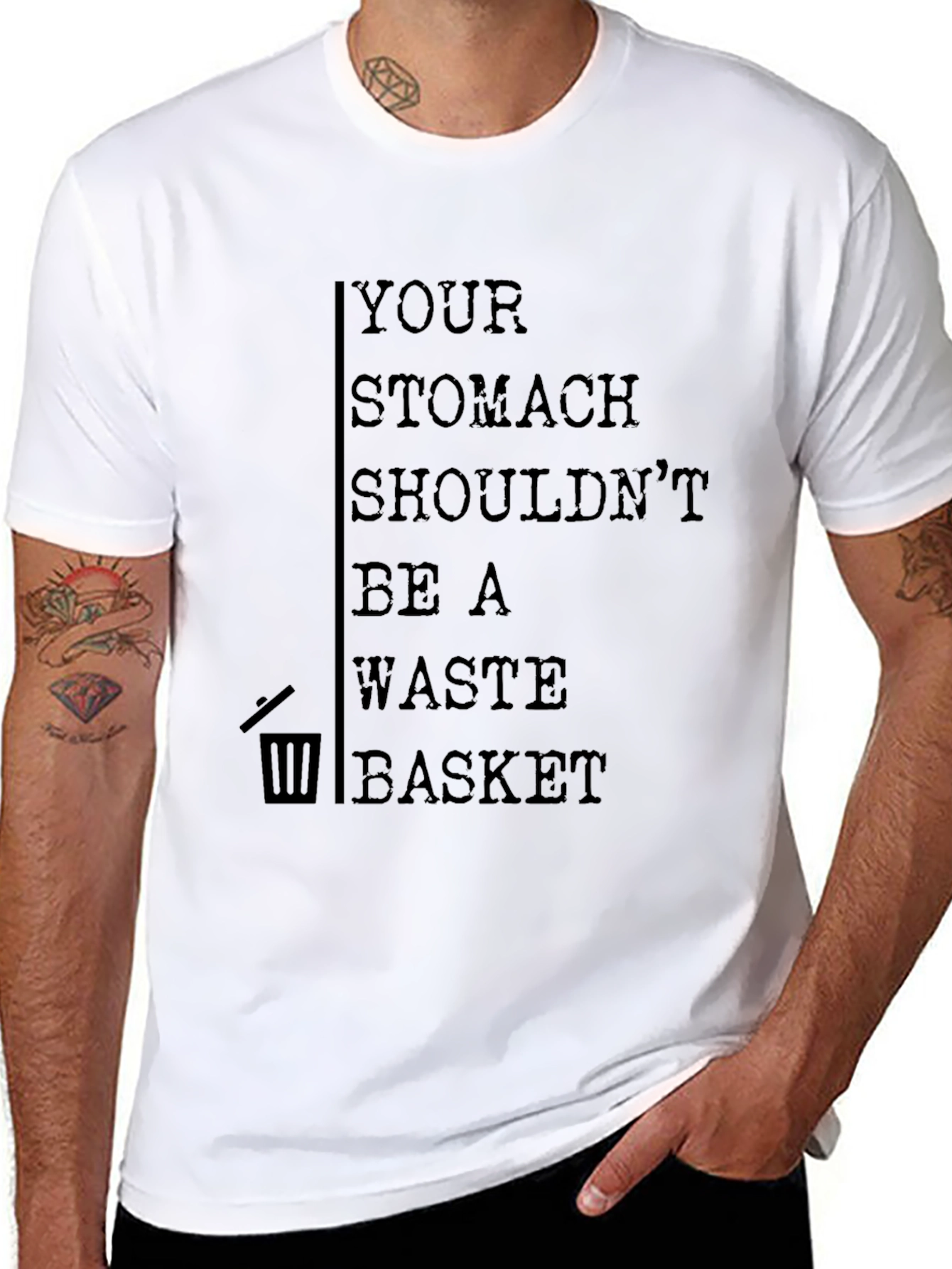 Black Humorous Stomach Waste Basket Graphic Tee view 8