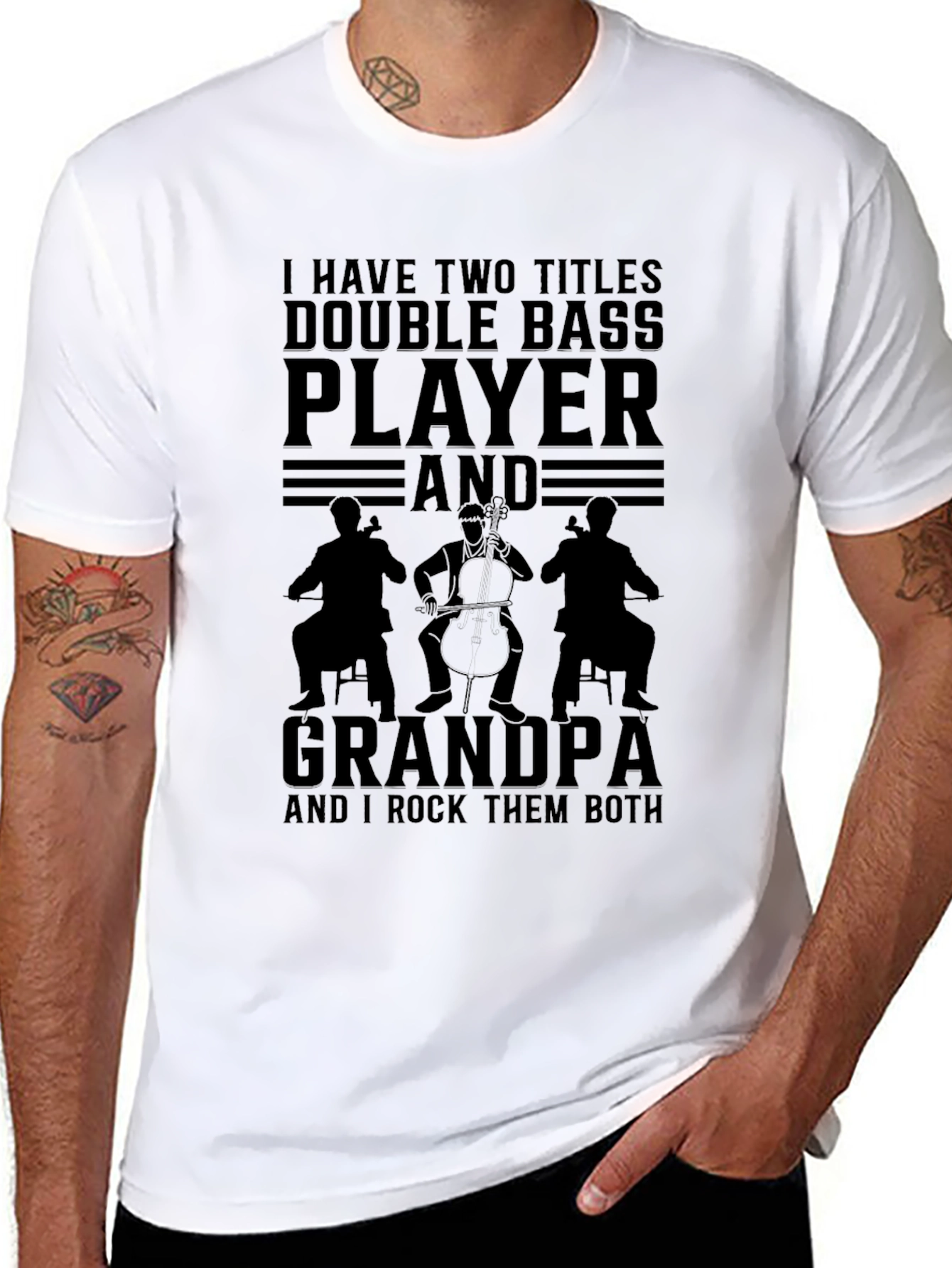 Black Double Bass Player Grandpa T-Shirt view 8