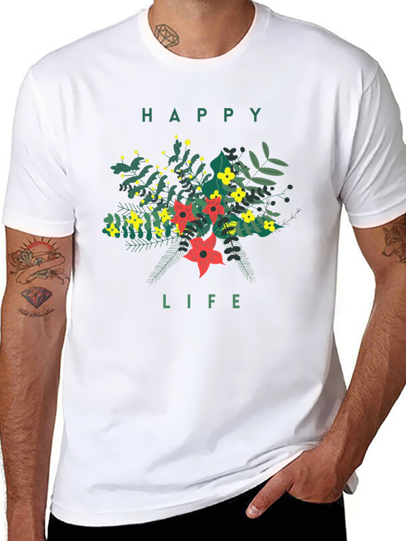 Black Floral Happy Life Graphic Tee - Stylish Black T-Shirt view 8
