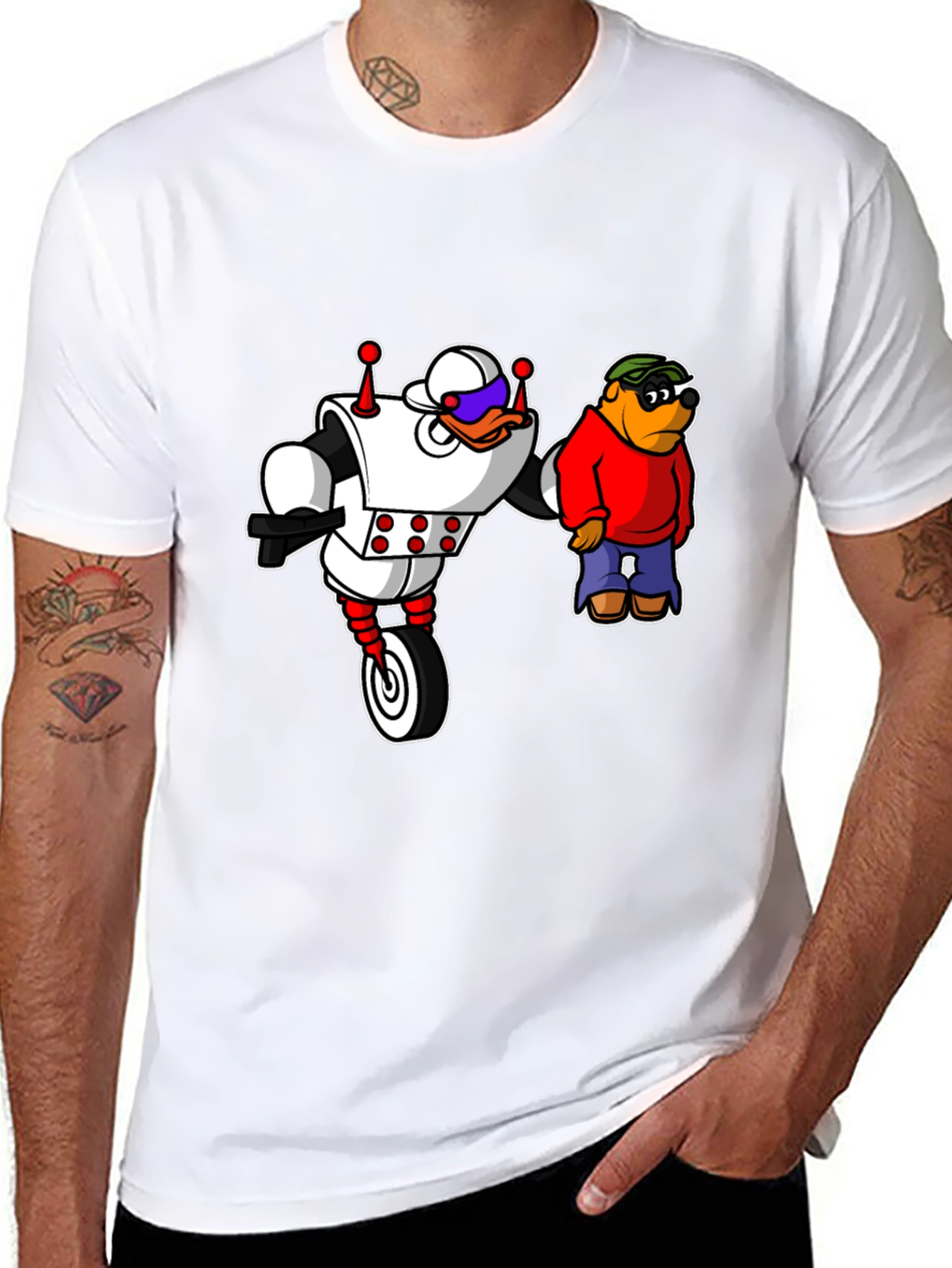 Black Robot Duck and Cartoon Bear Graphic T-Shirt view 8